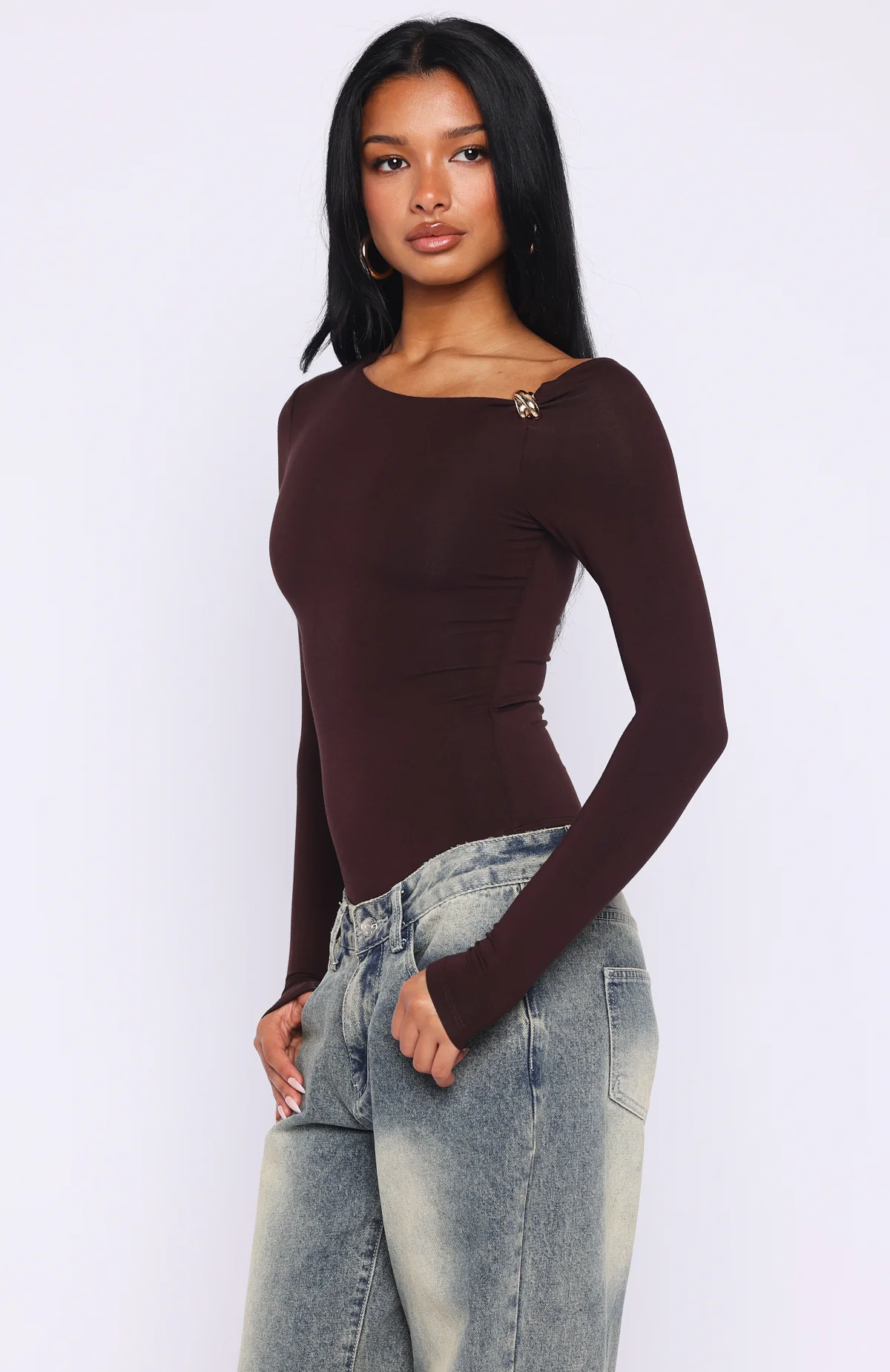 Double Down Long Sleeve Bodysuit Dark Chocolate - Image 5