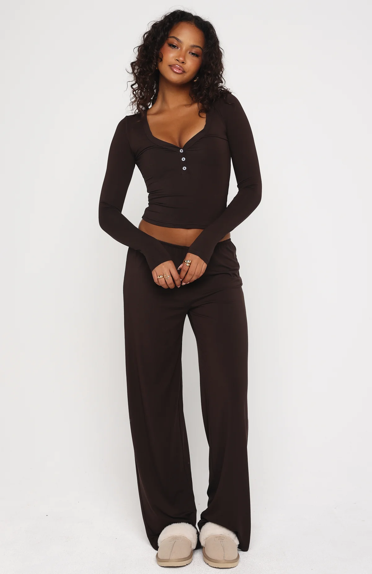 Dreamy Button Up Long Sleeve Pyjama Top Chocolate - Image 5