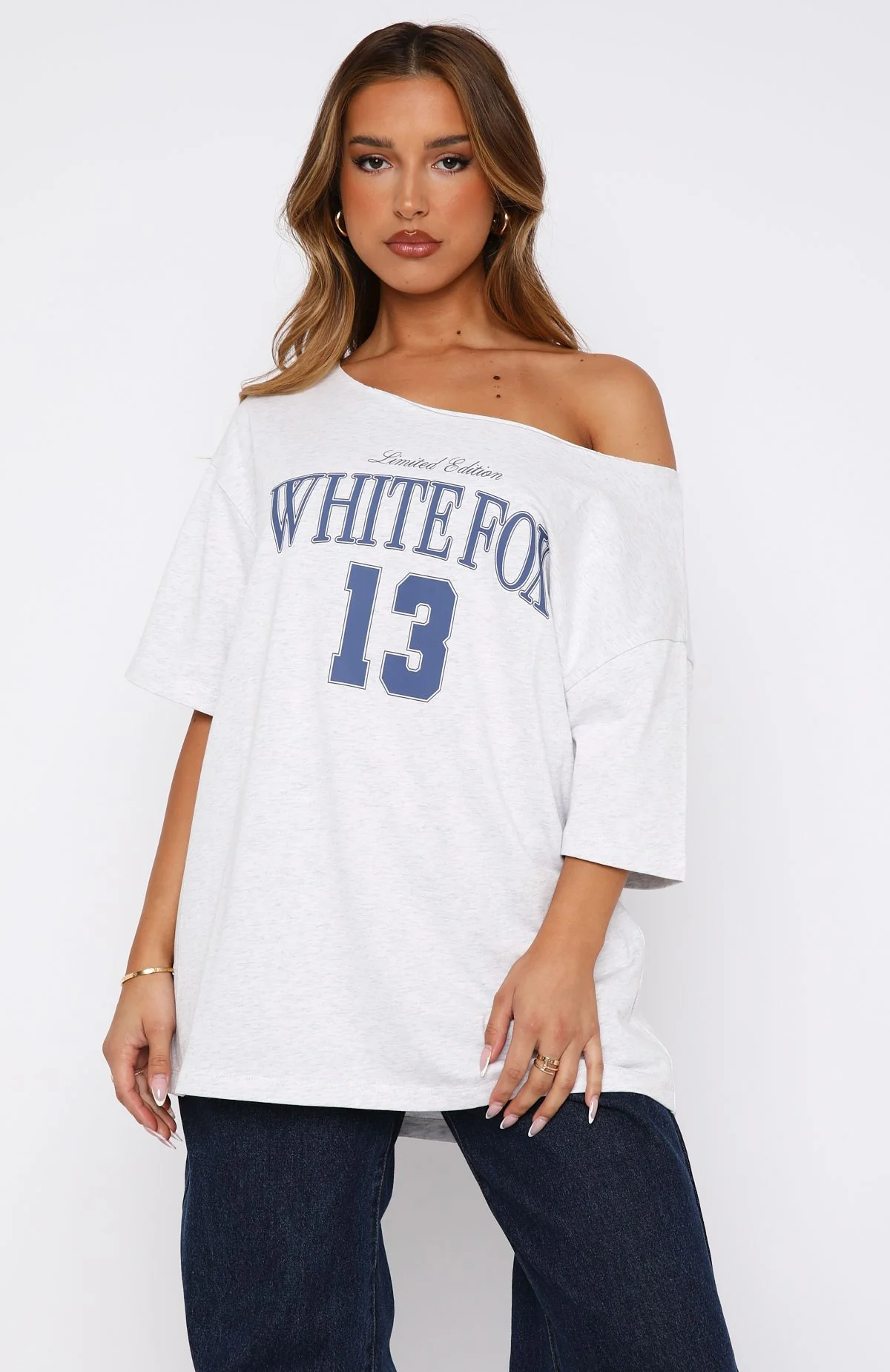 Everything In Time Off Shoulder Oversized Tee Grey Marle - Image 3