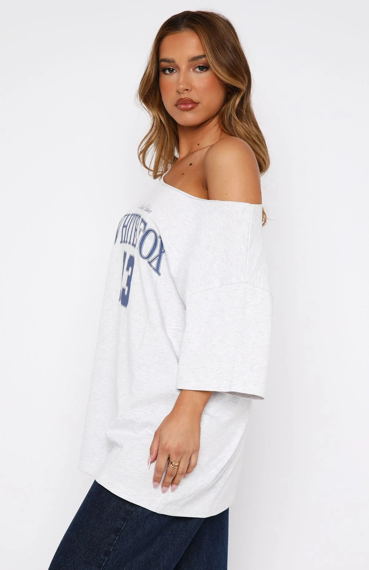 Everything In Time Off Shoulder Oversized Tee Grey Marle - Image 4
