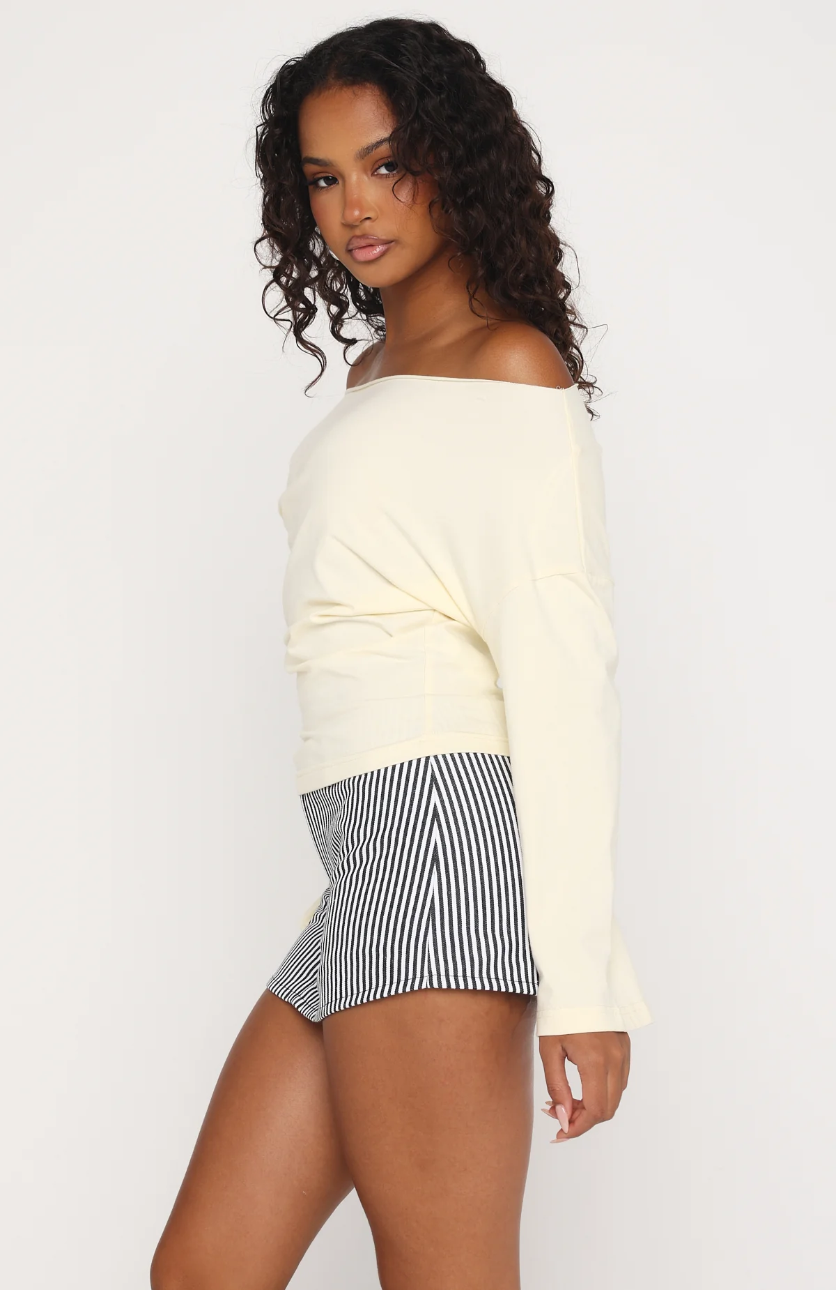 Falling For Him Cinched Waist Off Shoulder Long Sleeve Top Butter - Image 3