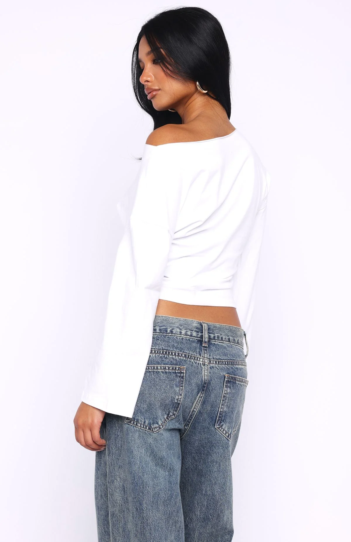 Falling For Him Cinched Waist Off Shoulder Long Sleeve Top White - Image 4