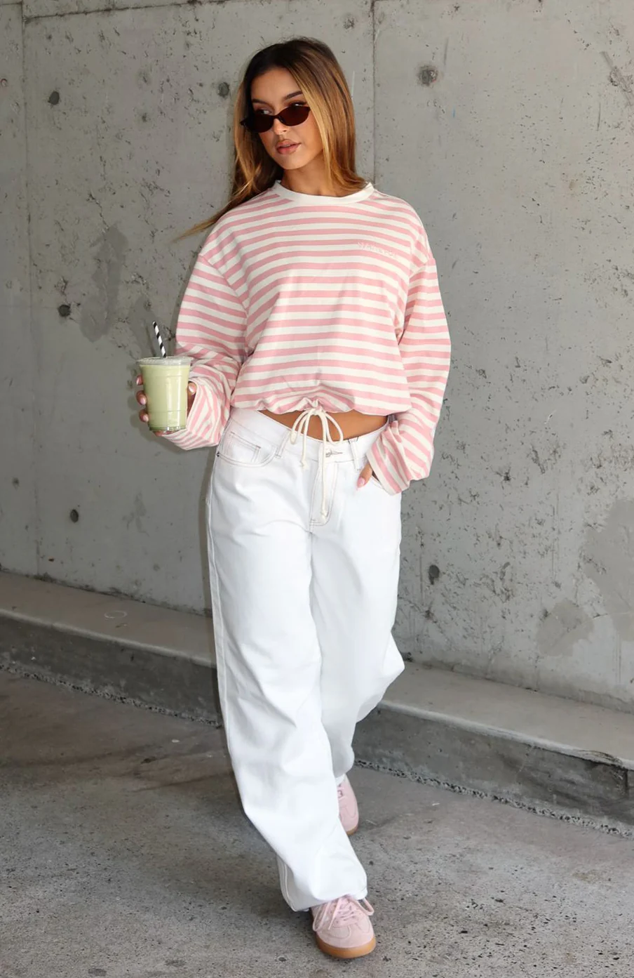 First Time Here Long Sleeve Tee Pink/Cream Stripe - Image 5