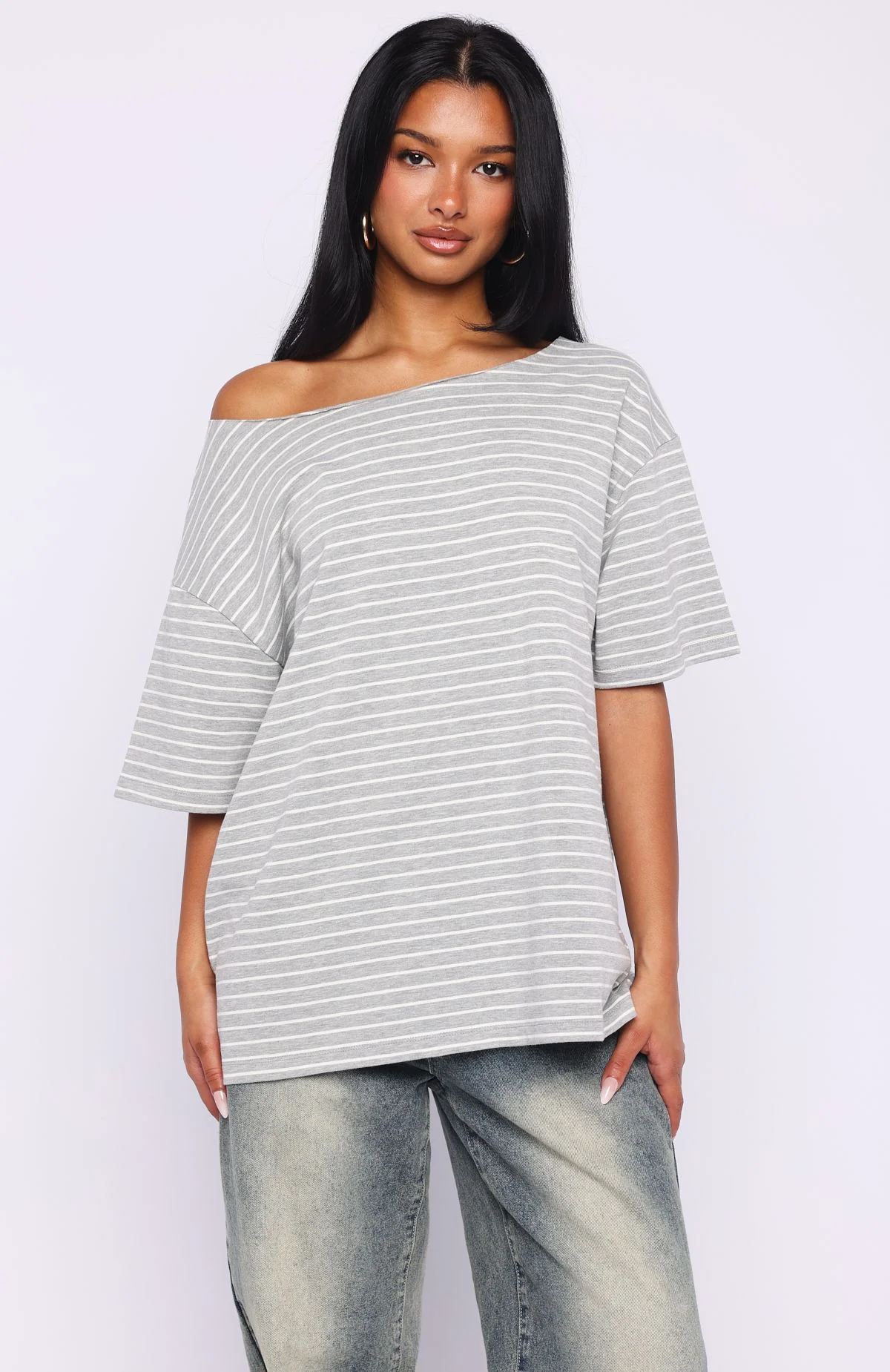 Give Me Options Off Shoulder Tee Grey/White Stripe - Image 2