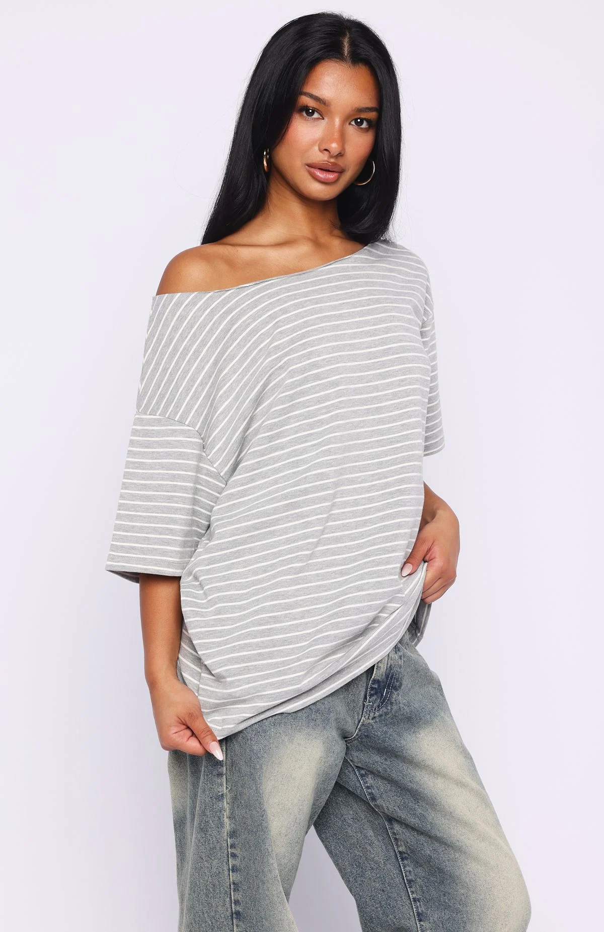 Give Me Options Off Shoulder Tee Grey/White Stripe - Image 3