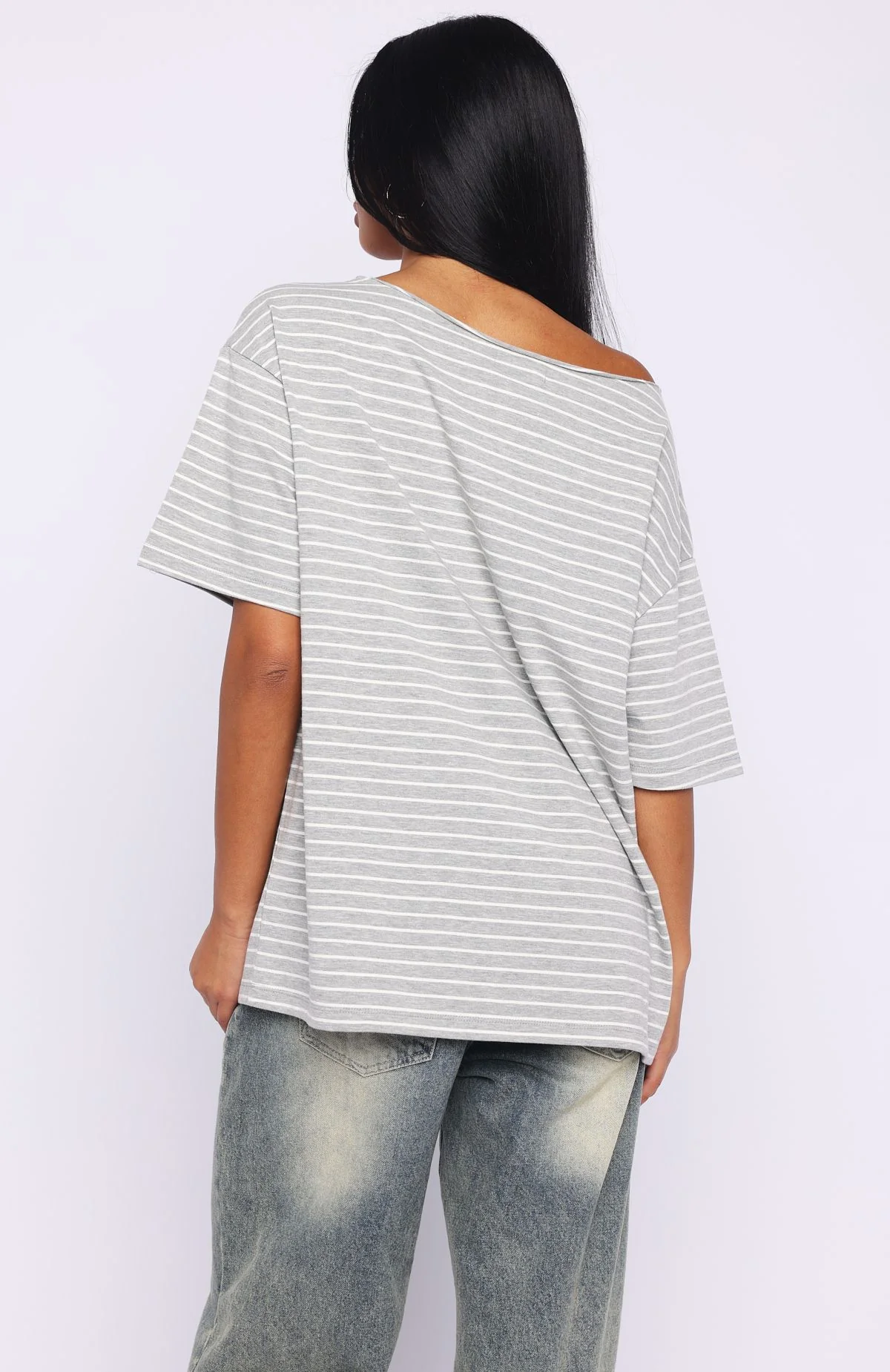 Give Me Options Off Shoulder Tee Grey/White Stripe - Image 4