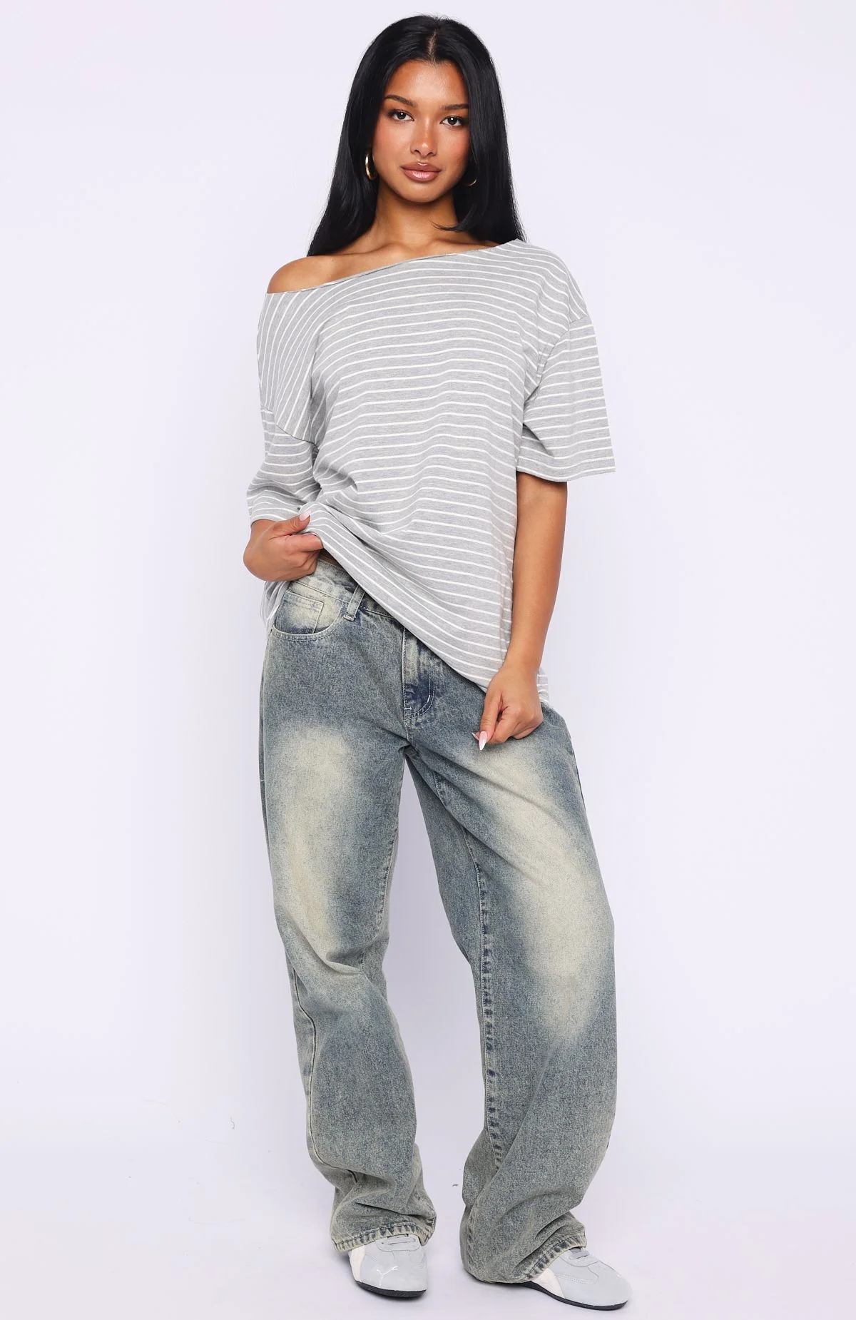 Give Me Options Off Shoulder Tee Grey/White Stripe - Image 5
