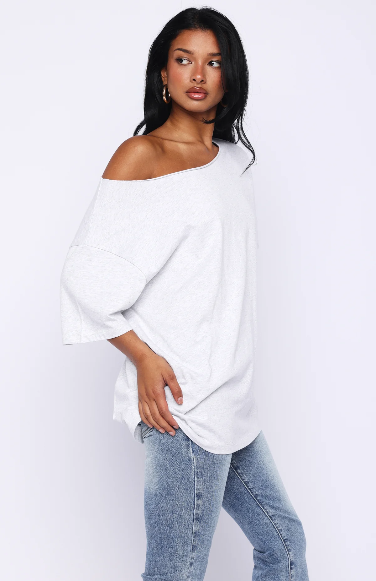 Give Me Options Off Shoulder Tee Light Grey Marle - Image 3