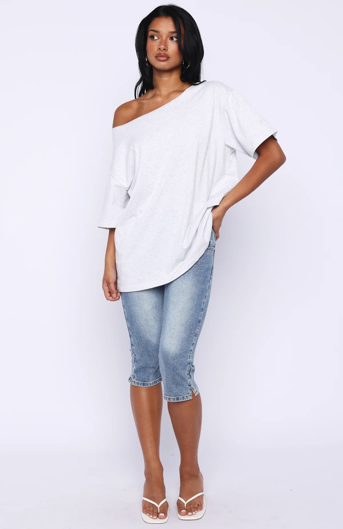 Give Me Options Off Shoulder Tee Light Grey Marle - Image 5
