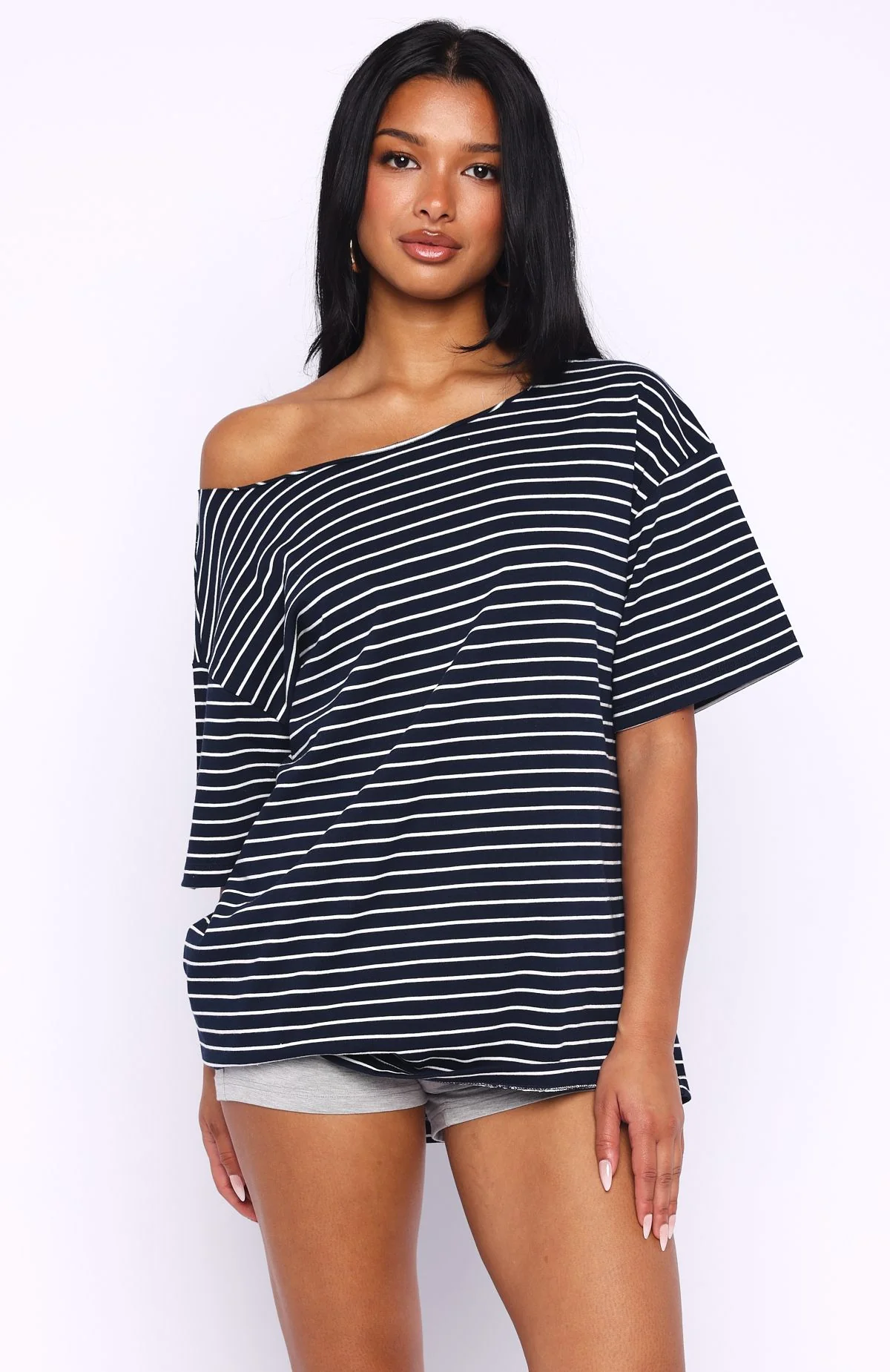 Give Me Options Off Shoulder Tee Navy/White Stripe - Image 3