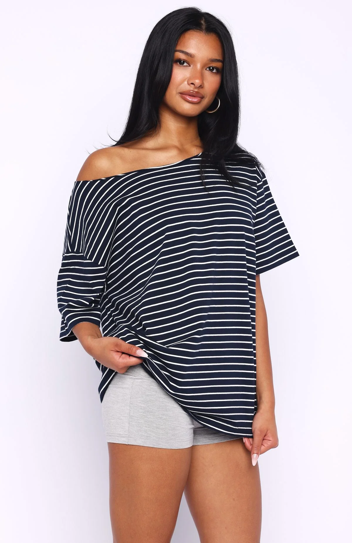 Give Me Options Off Shoulder Tee Navy/White Stripe - Image 4