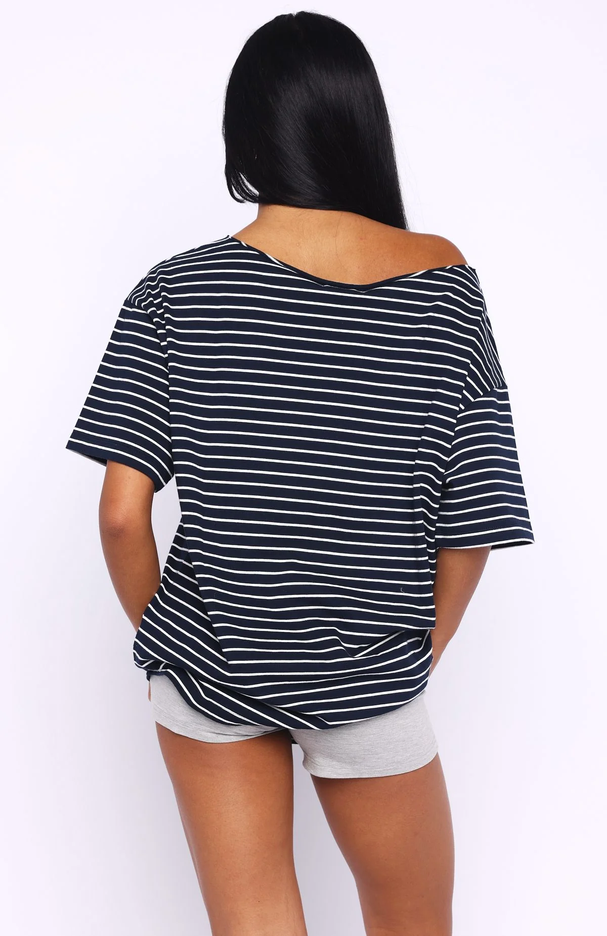 Give Me Options Off Shoulder Tee Navy/White Stripe - Image 5