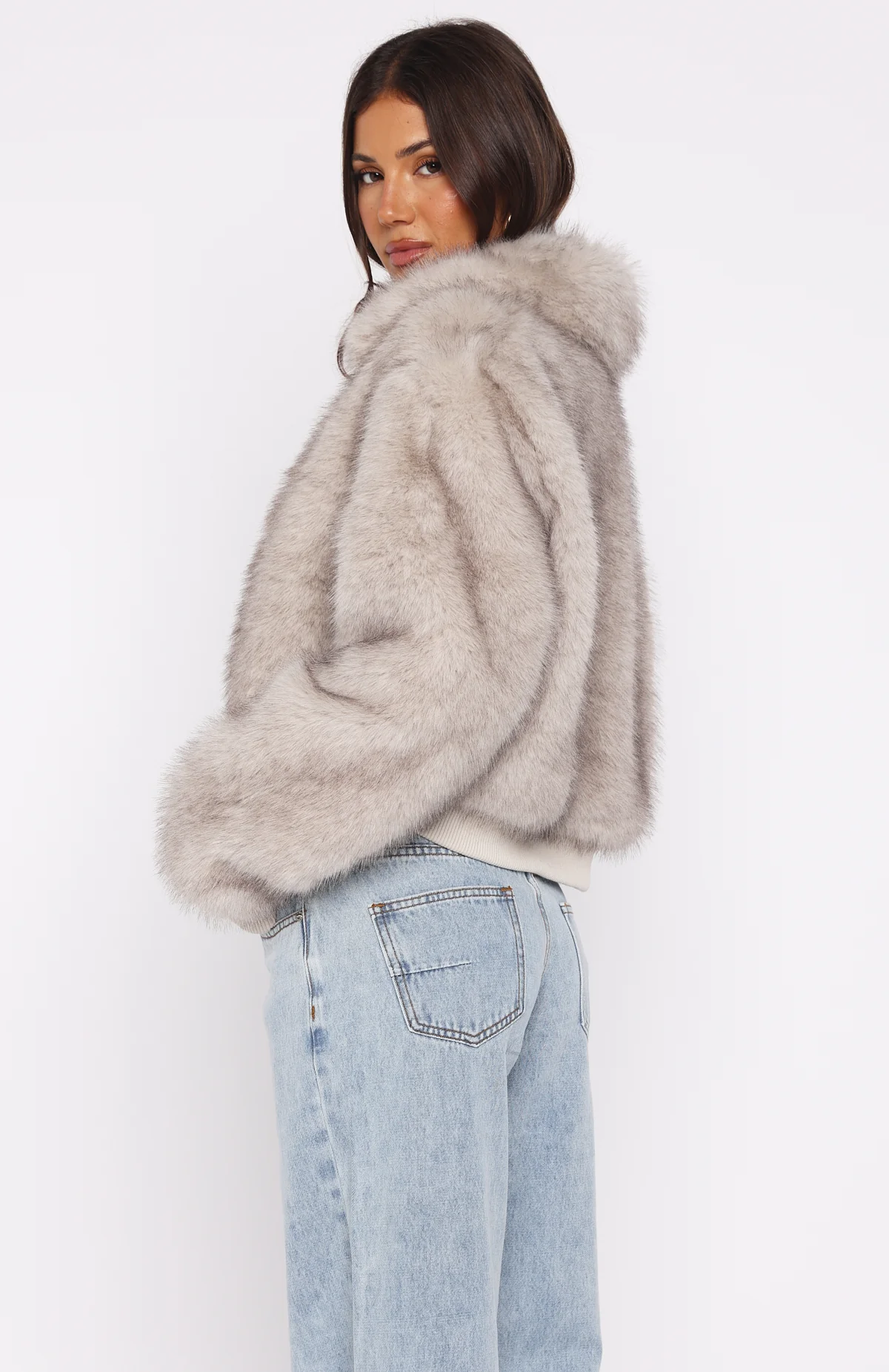 Glacial Chic Fur Bomber Jacket Smokey Taupe - Image 5