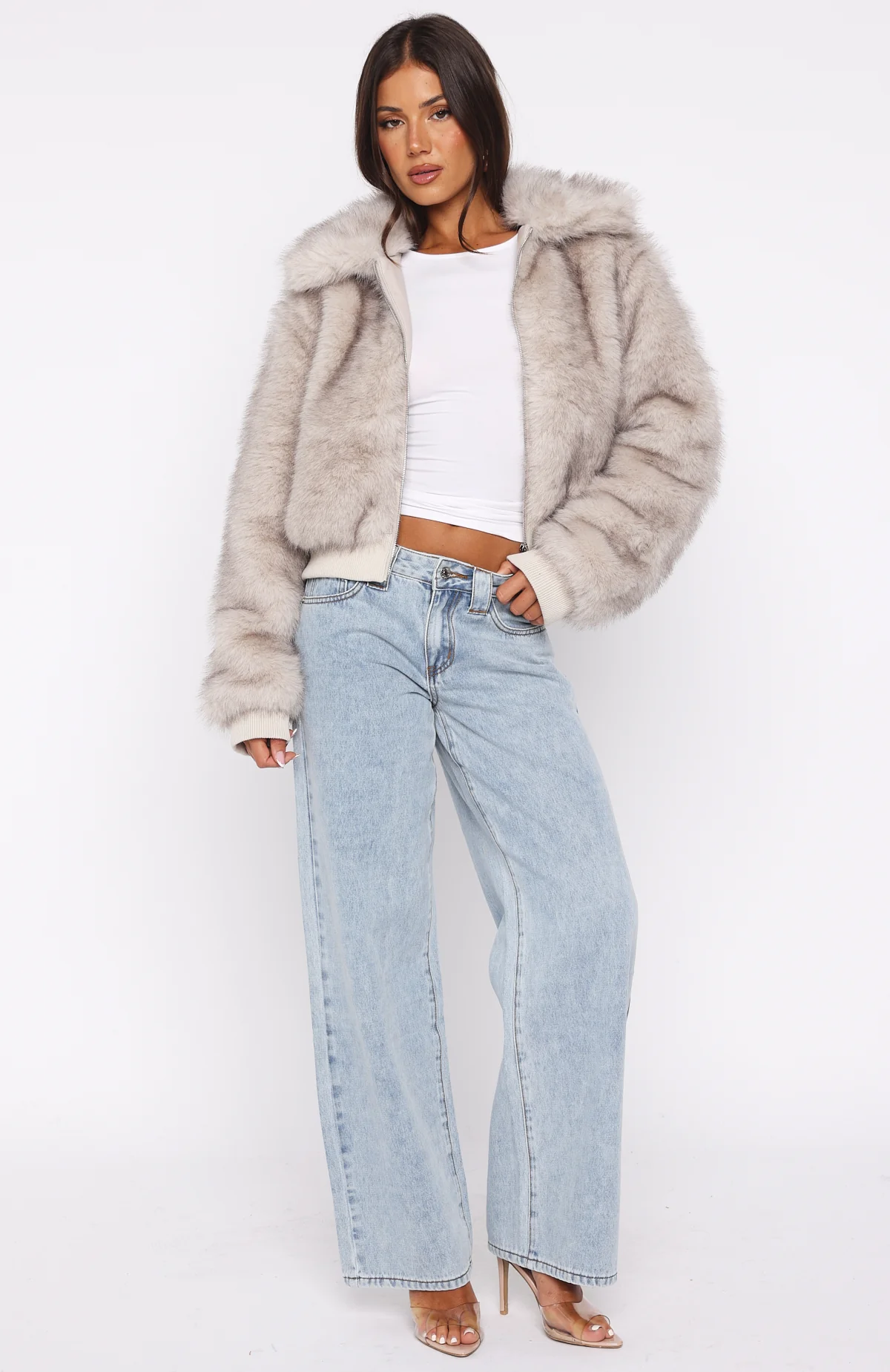 Glacial Chic Fur Bomber Jacket Smokey Taupe - Image 6
