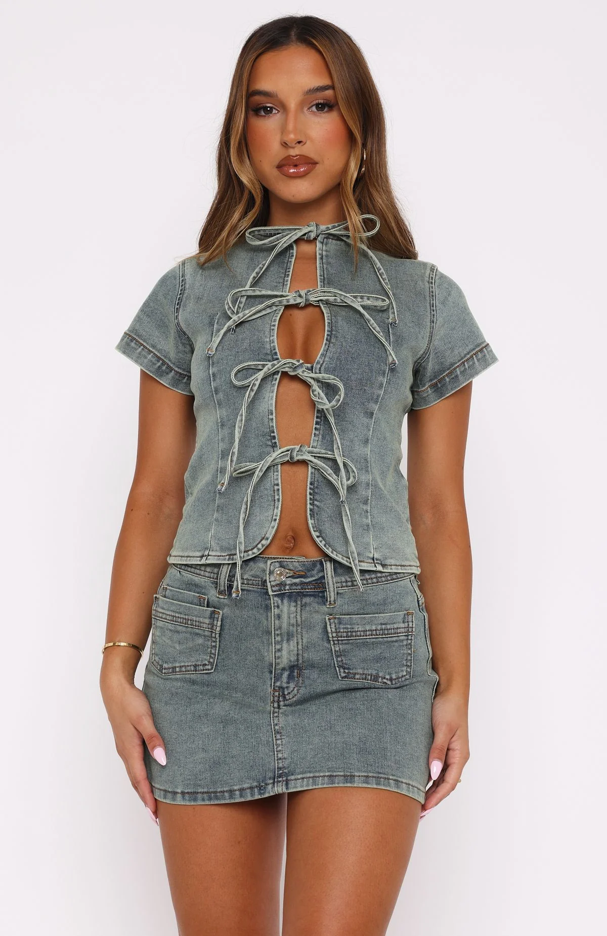 Gotta Get Out Denim Top Brown Blue Wash - Image 2