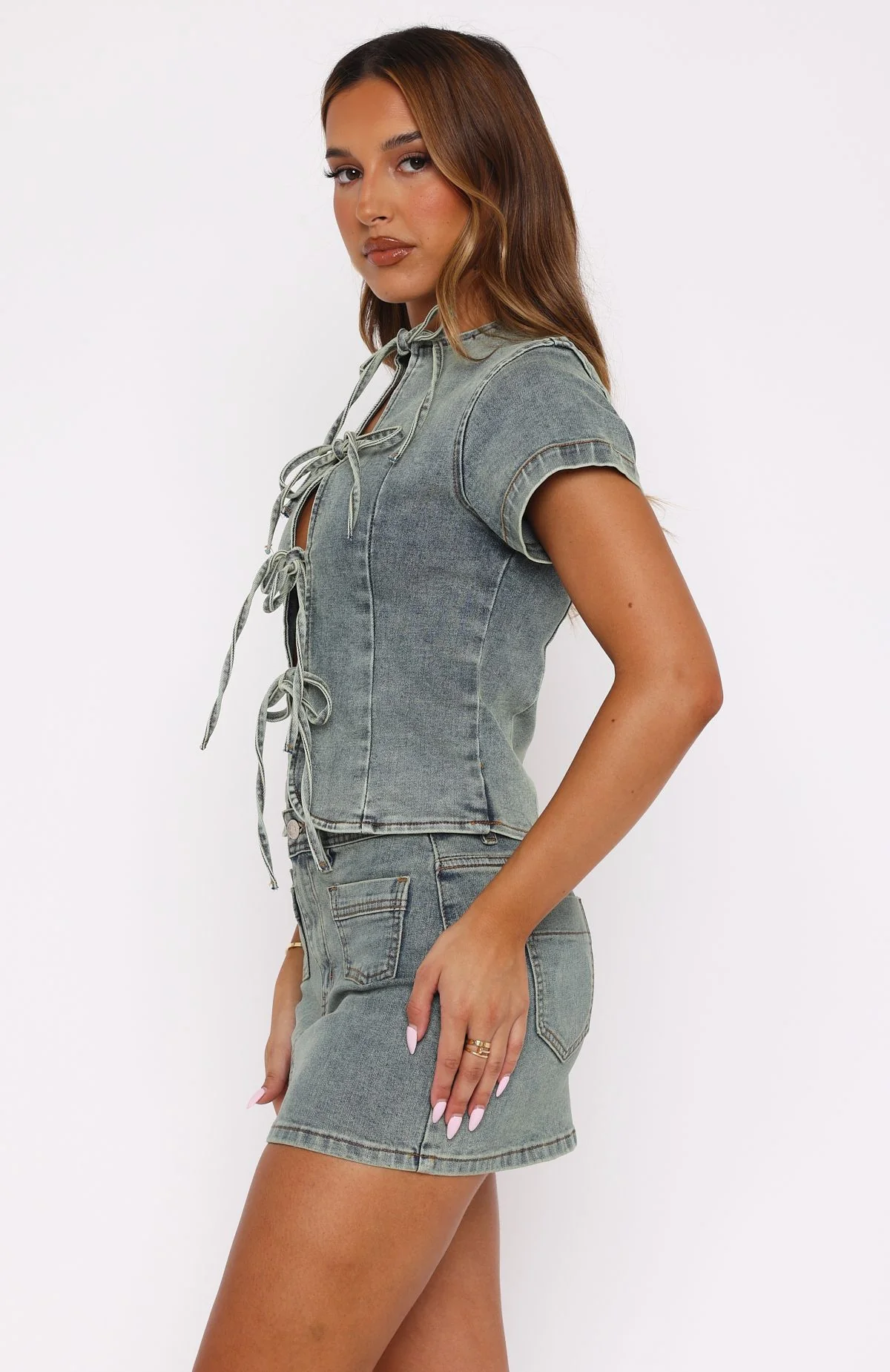 Gotta Get Out Denim Top Brown Blue Wash - Image 3