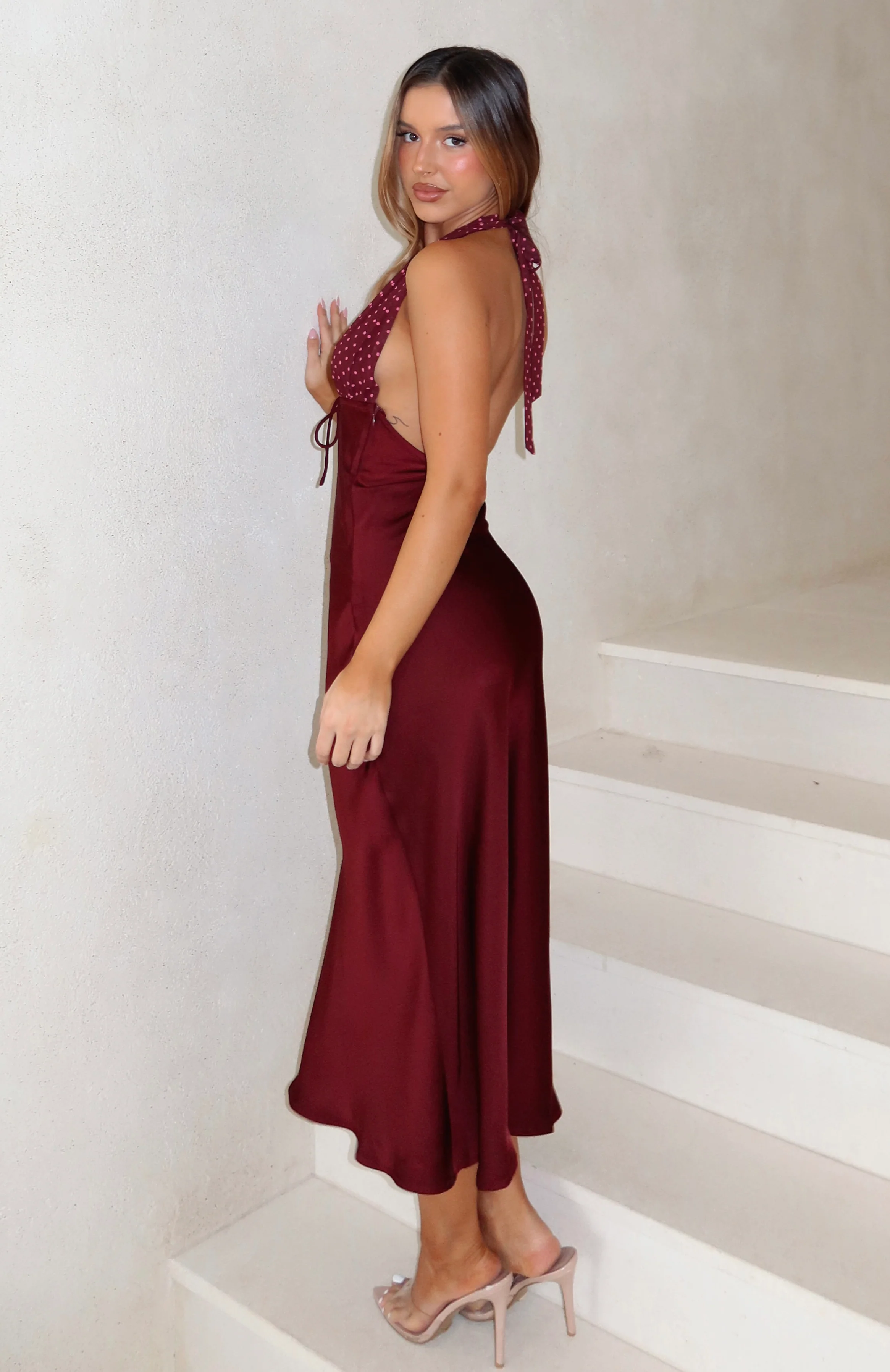 Guess You Miss Me Halter Midi Dress Burgundy/Pink Dot - Image 2