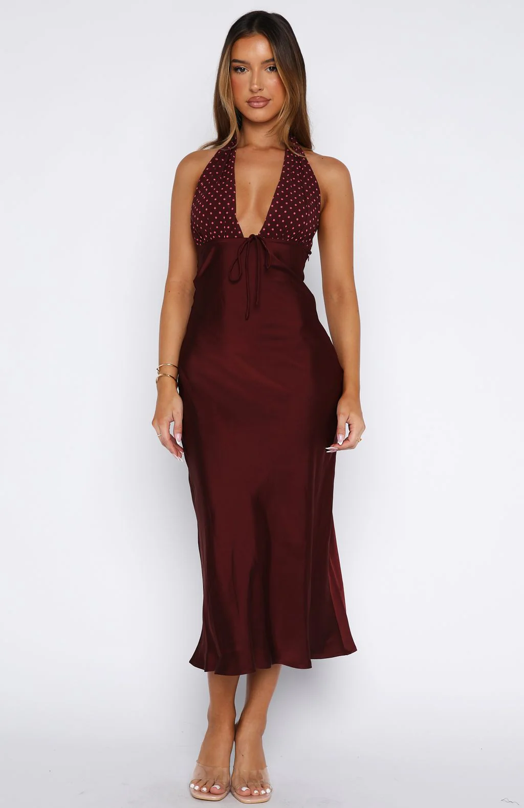 Guess You Miss Me Halter Midi Dress Burgundy/Pink Dot - Image 3