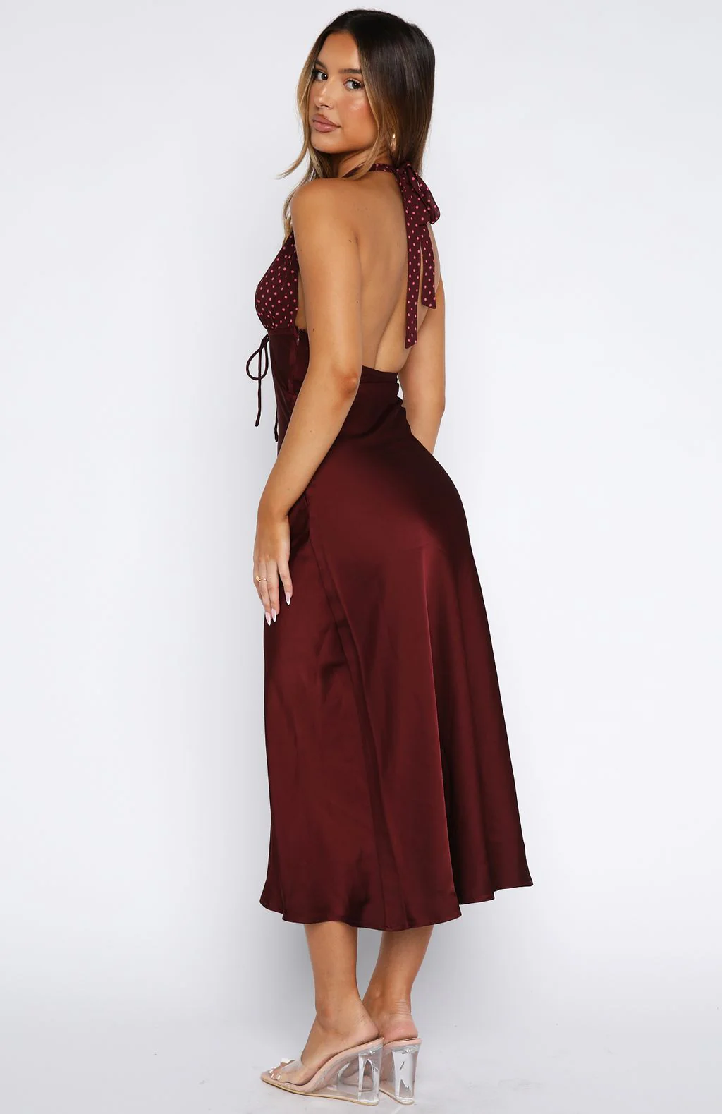Guess You Miss Me Halter Midi Dress Burgundy/Pink Dot - Image 5