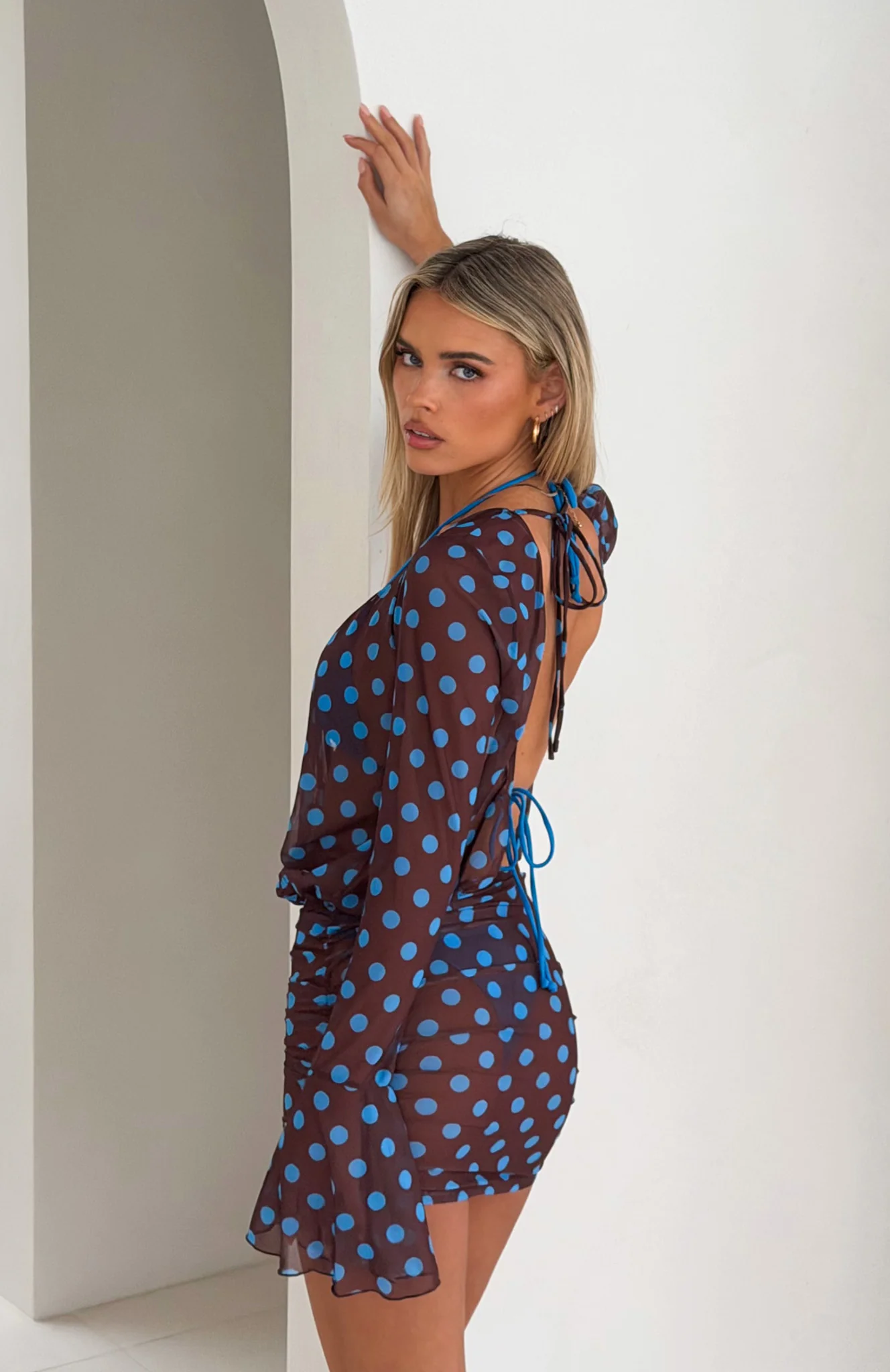 Half Moon Long Sleeve Mini Dress Choc & Blue Polka Dot - Image 2