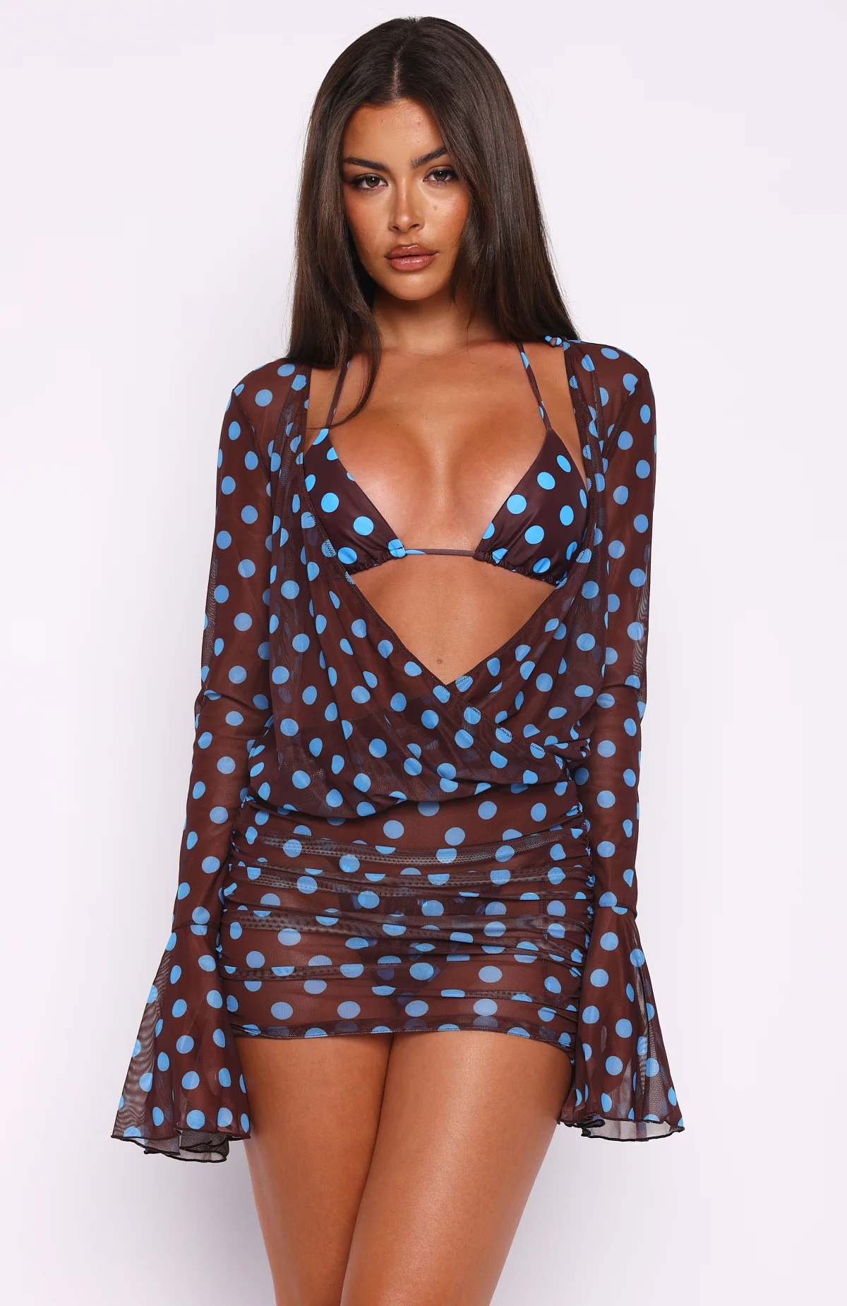 Half Moon Long Sleeve Mini Dress Choc & Blue Polka Dot - Image 3