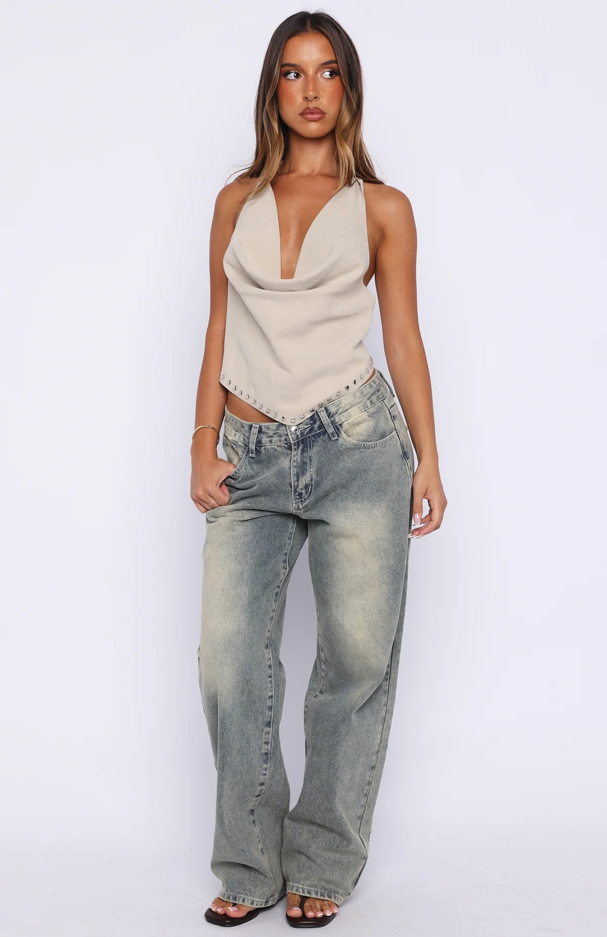 Heels And Hustle Cowl Neck Halter Top Stone - Image 5