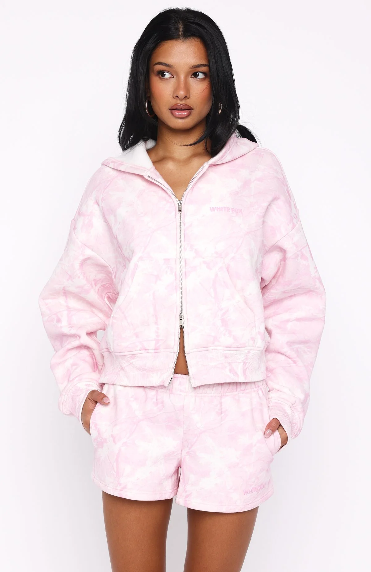 Hiding Away Boxy Zip Front Hoodie Pink Camo - Image 2