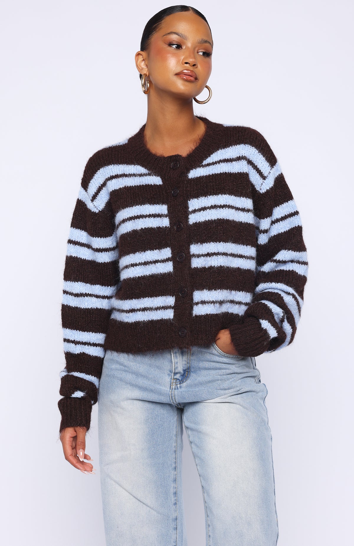 Ice Bae Stripe Knit Cardigan Blueberry Chocolate Stripe - Image 3
