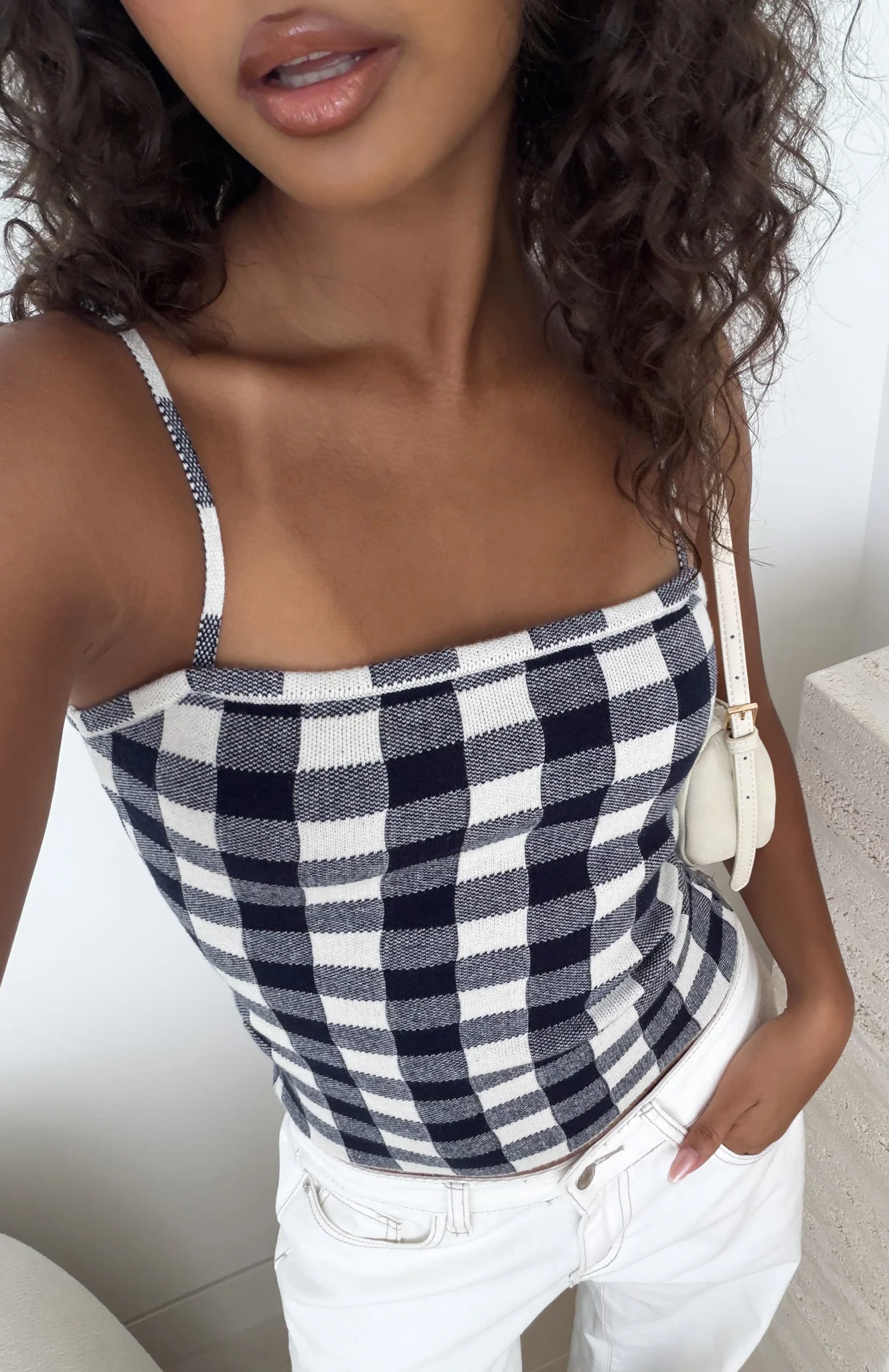 Iconic Duo Knit Cami Top Navy/Cream Gingham - Image 6