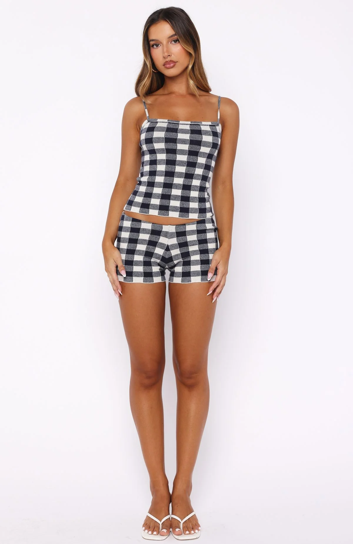 Iconic Duo Knit Mini Shorts Navy/Cream Gingham - Image 5