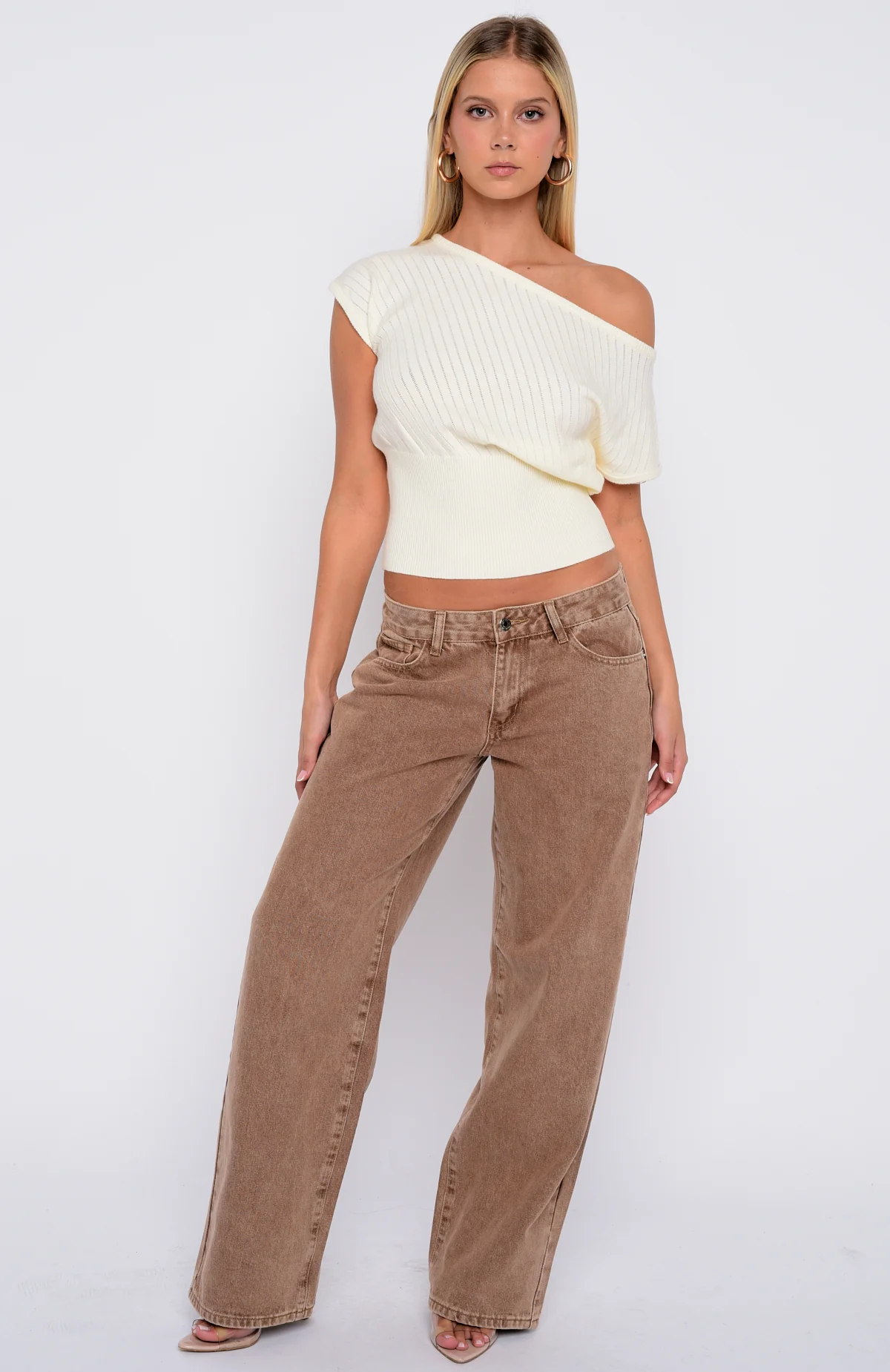 In A Spiral Cinched Waist Off Shoulder Knit Top Cream - Image 5