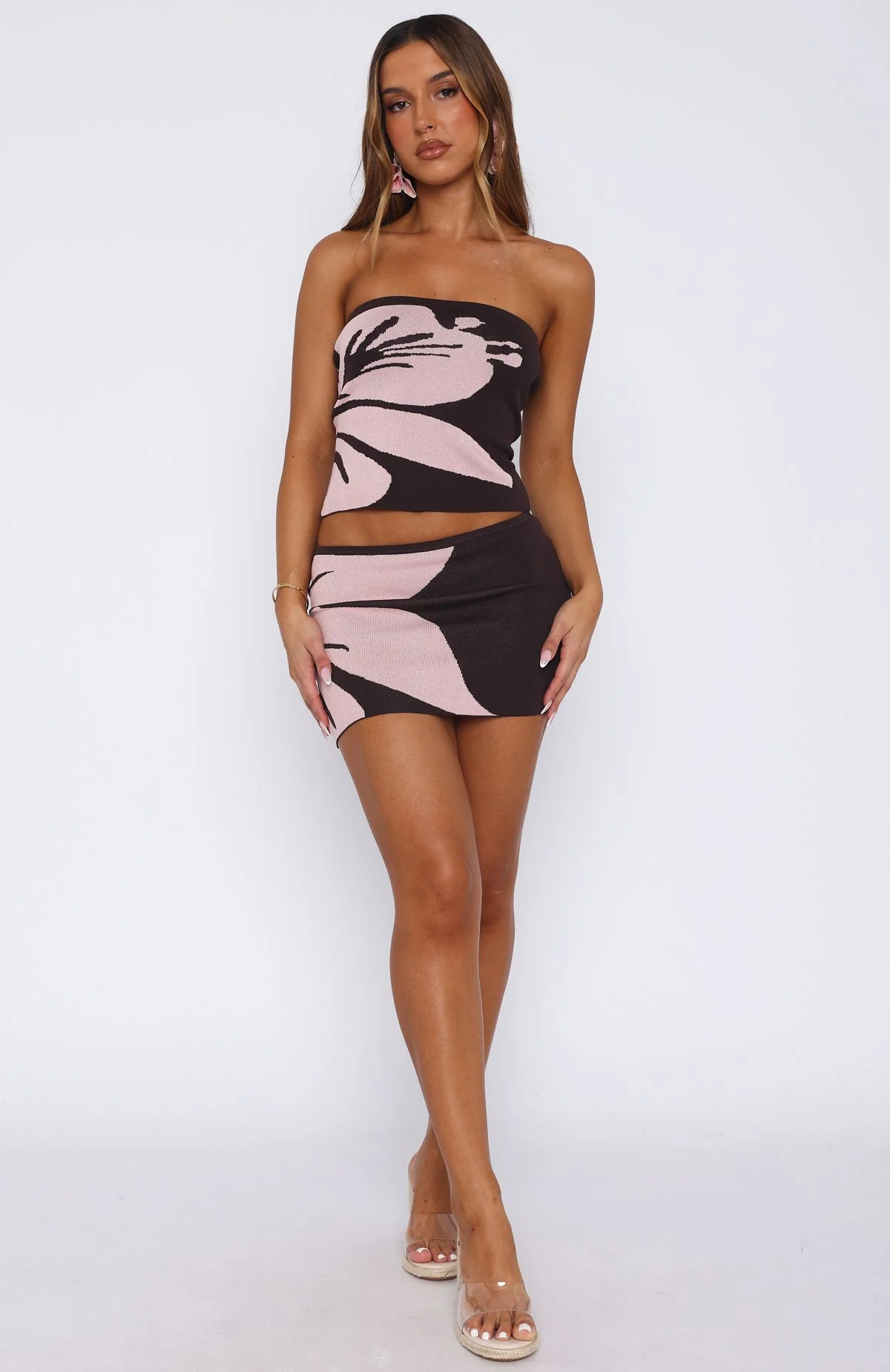 In Bloom Knit Mini Skirt Choc/Blush Floral - Image 5