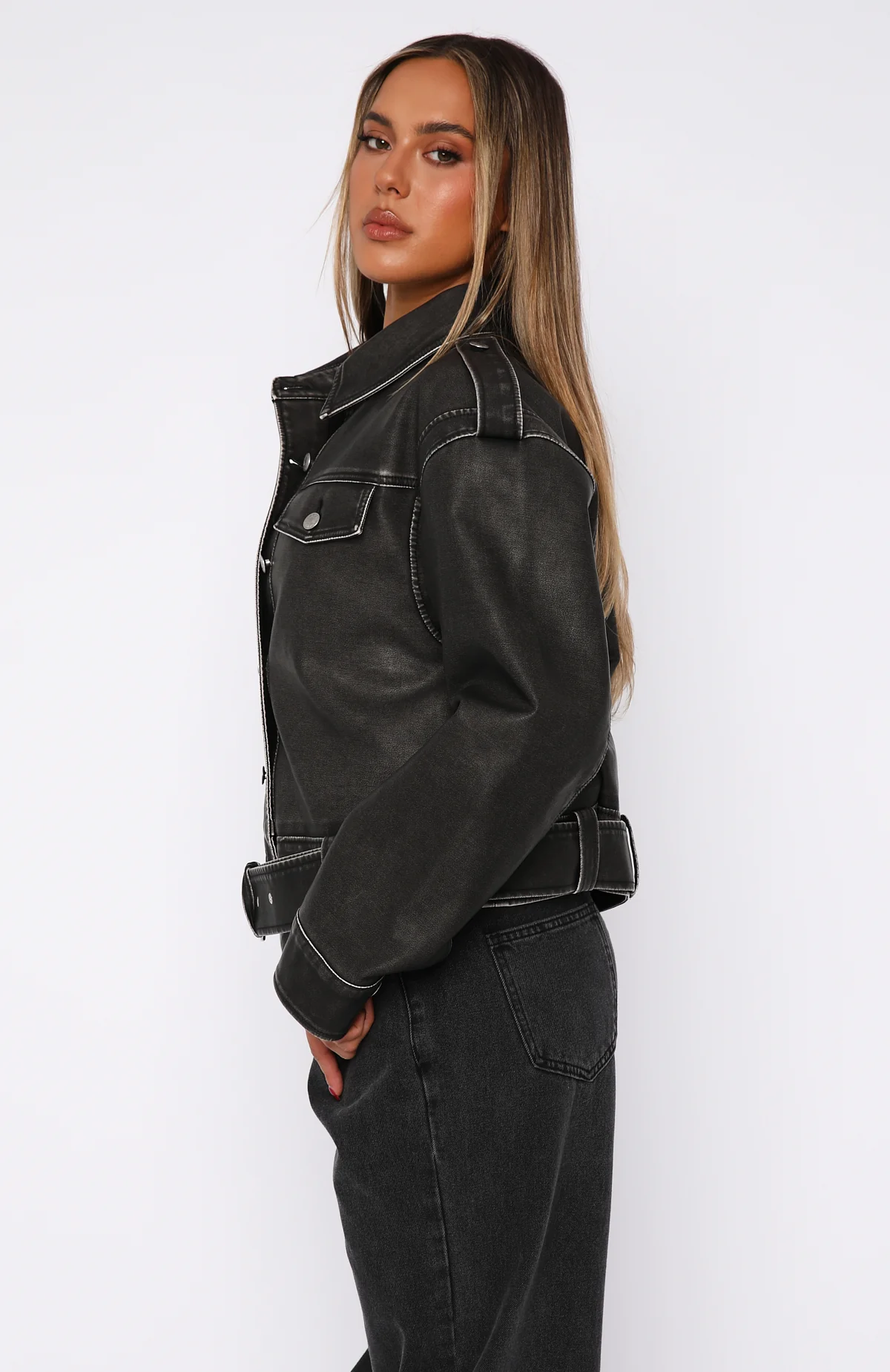 In This World PU Biker Jacket Charcoal Wash - Image 3