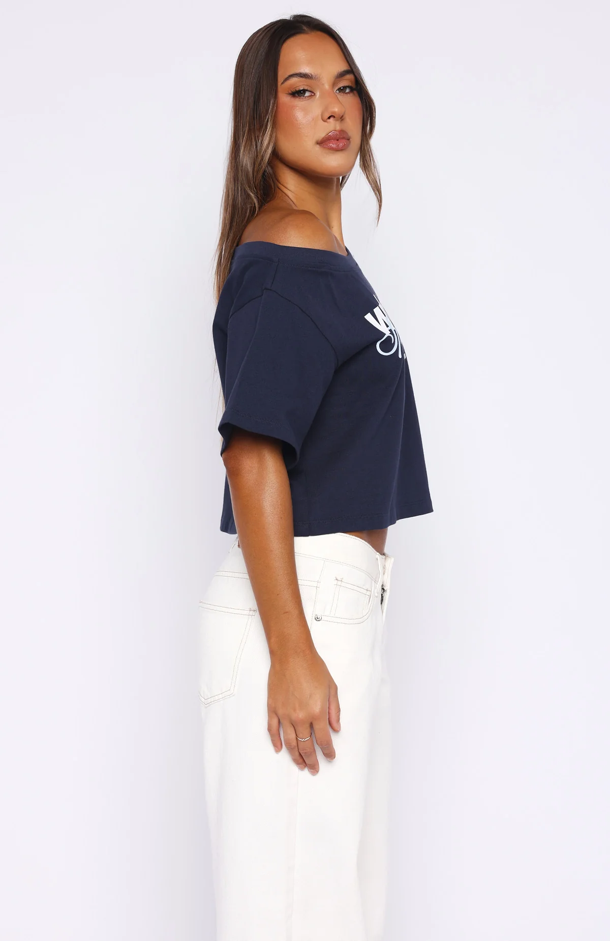 I've Got That Feeling Boxy Off Shoulder Tee Navy - Image 3