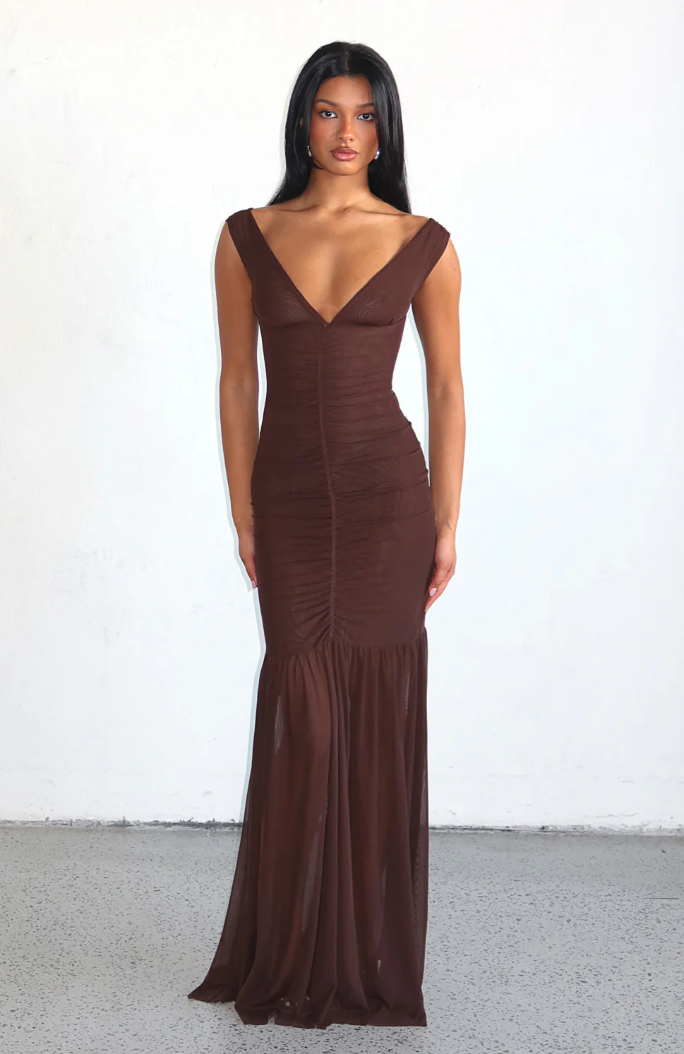 Just A Peak Mesh Maxi Dress Chocolate - Image 2