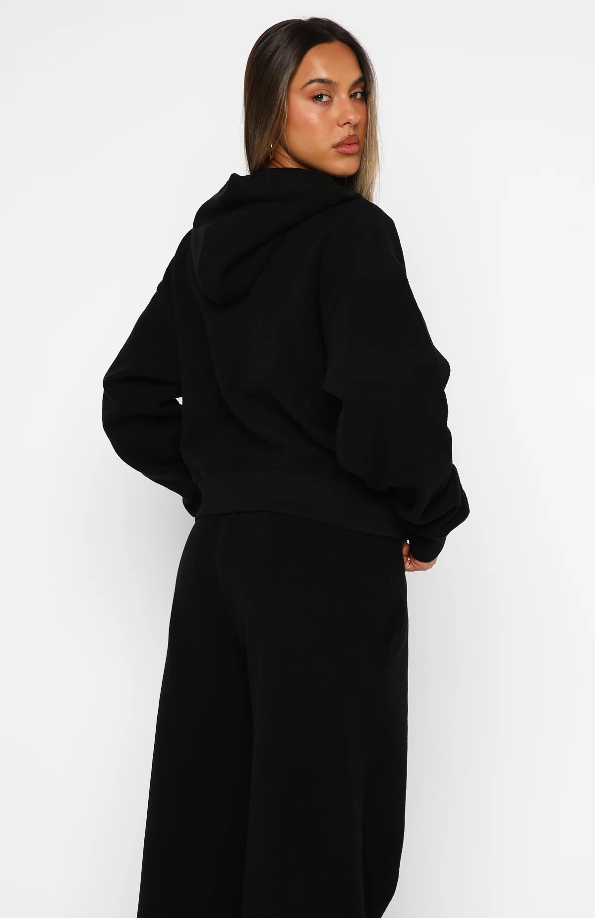 Just For Now Fleece Boxy Zip Front Hoodie Black - Image 4