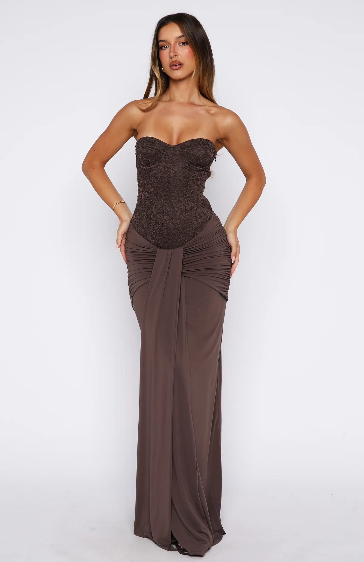 Kiss The Girl Strapless Maxi Dress Chocolate - Image 3