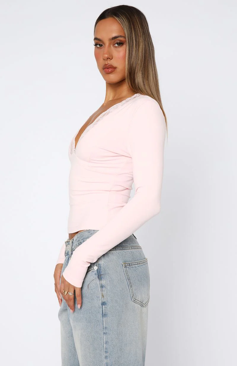 Knew That All Along Lace Trim Long Sleeve Top Baby Pink - Image 3