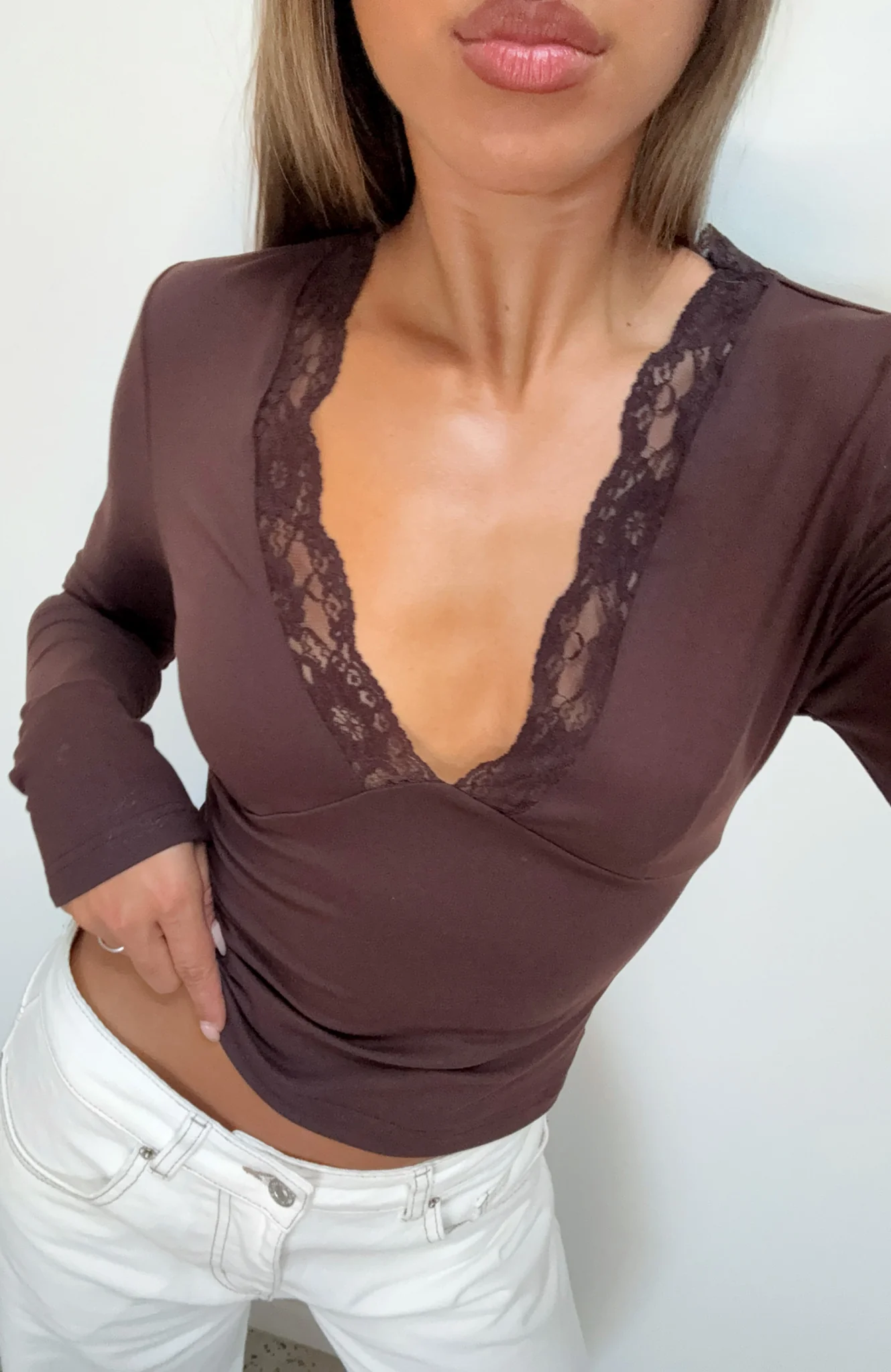 Knew That All Along Lace Trim Long Sleeve Top Chocolate - Image 2