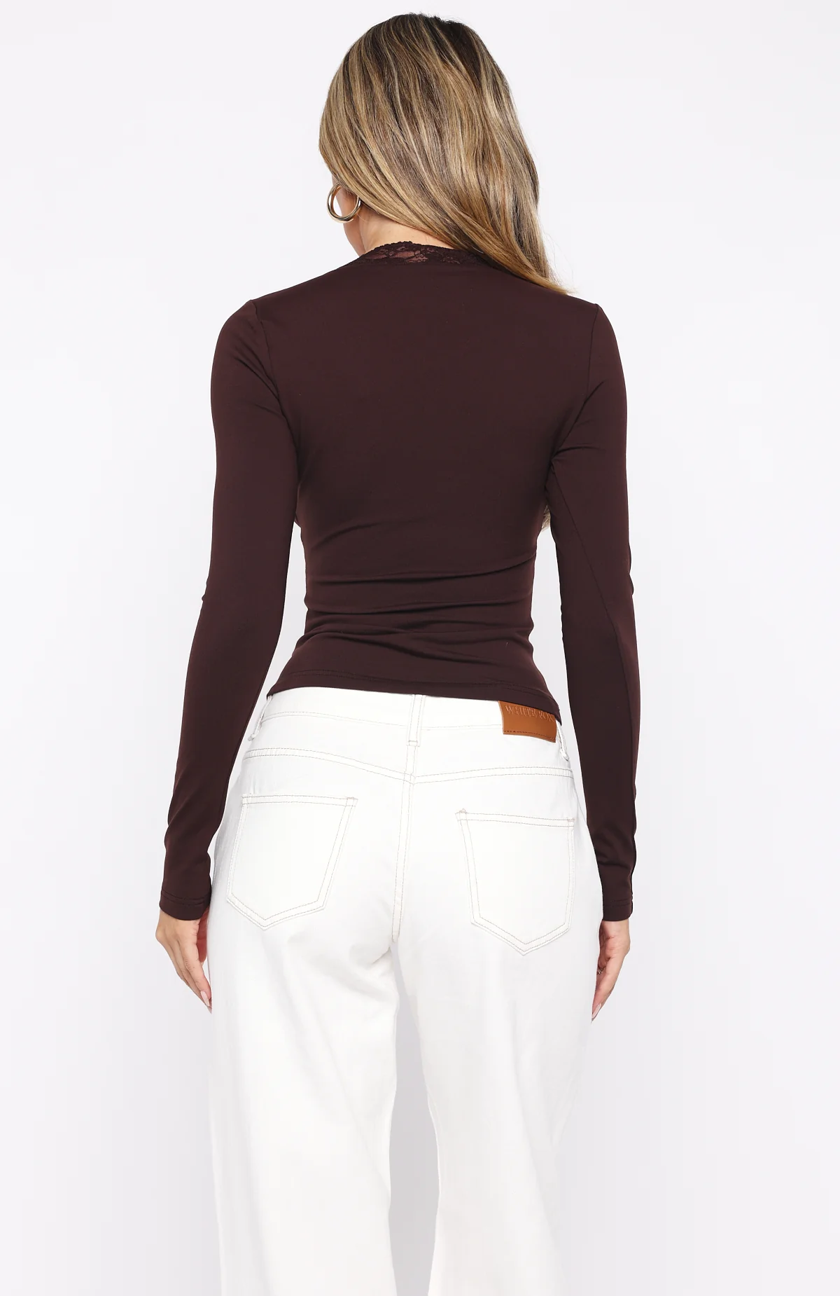 Knew That All Along Lace Trim Long Sleeve Top Chocolate - Image 5
