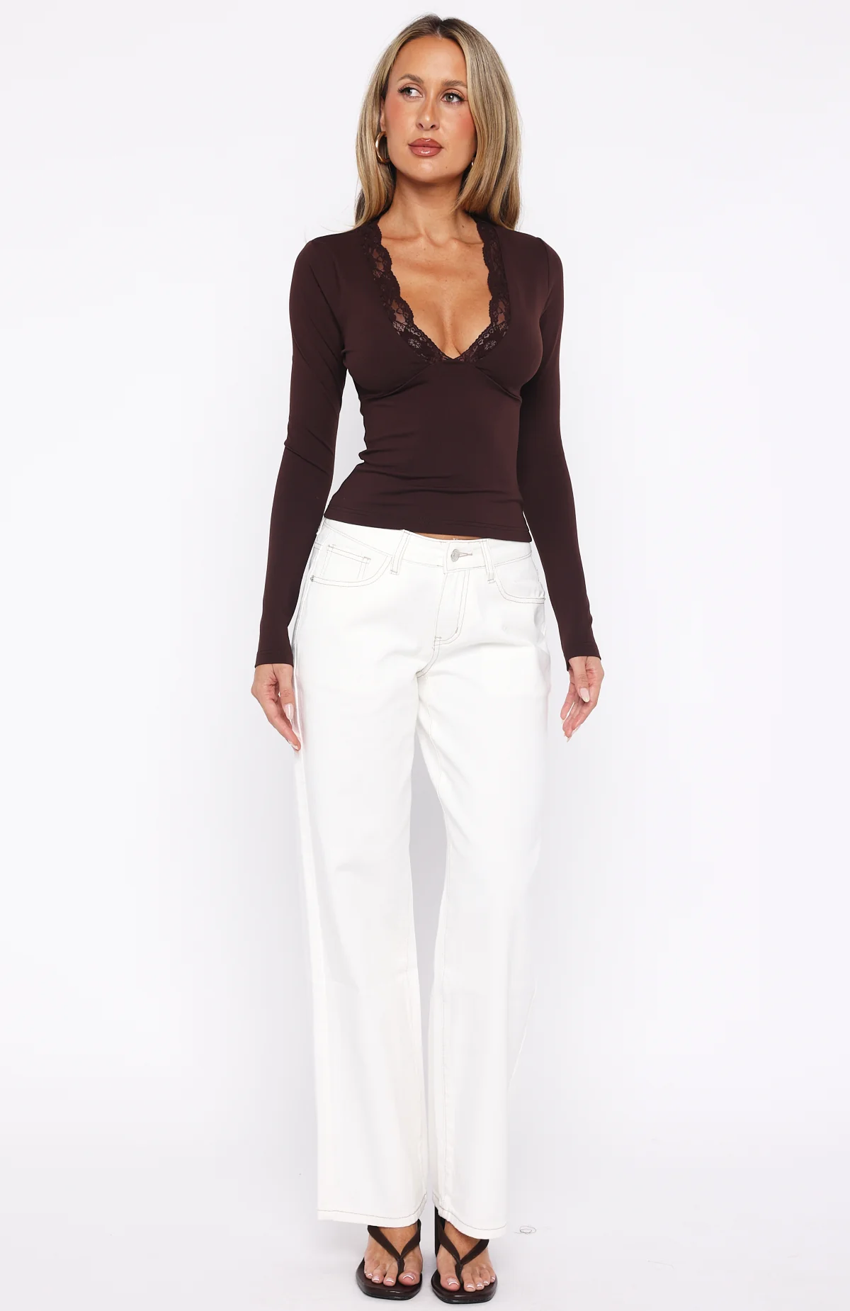 Knew That All Along Lace Trim Long Sleeve Top Chocolate - Image 6