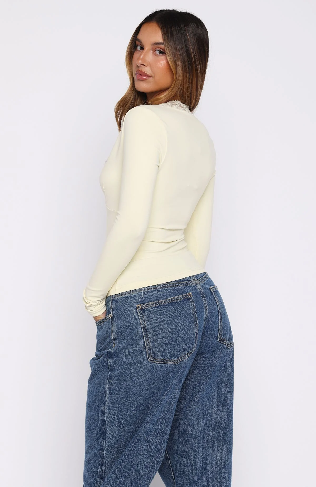 Knew That All Along Lace Trim Long Sleeve Top Lemon - Image 4