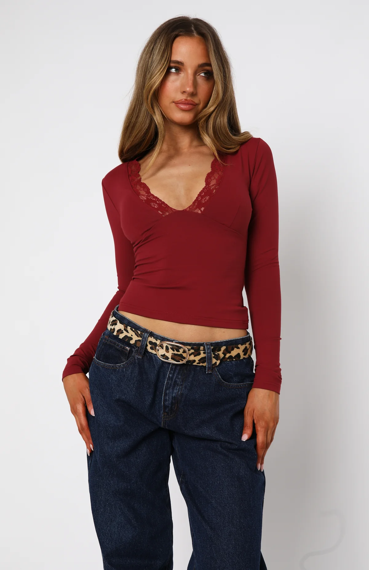 Knew That All Along Lace Trim Long Sleeve Top Wine - Image 2
