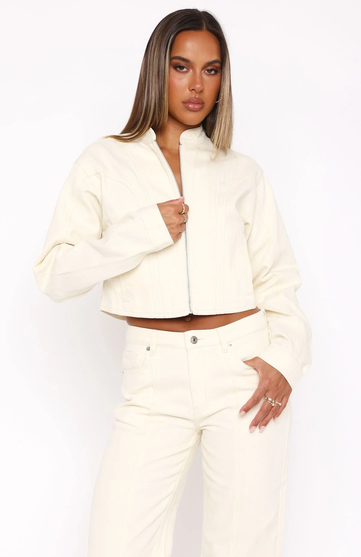 Leah Cropped Denim Jacket Cream - Image 3