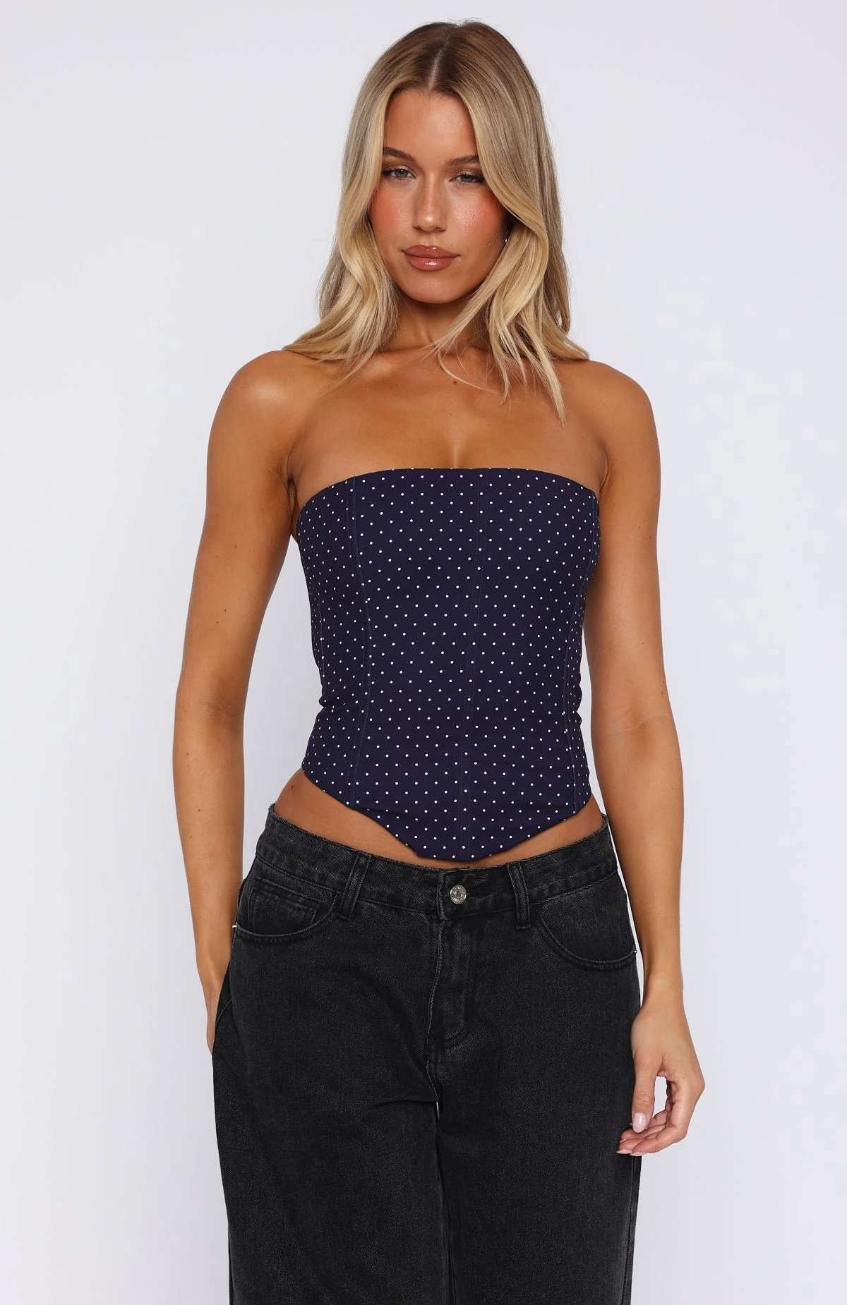 Let It Go Strapless Bustier Navy Polka Dot - Image 2