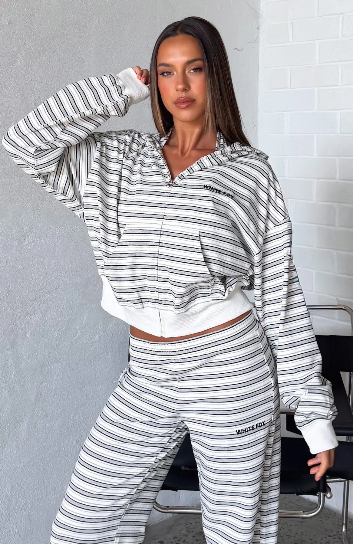 Looking Back Boxy Zip Front Hoodie White Stripe