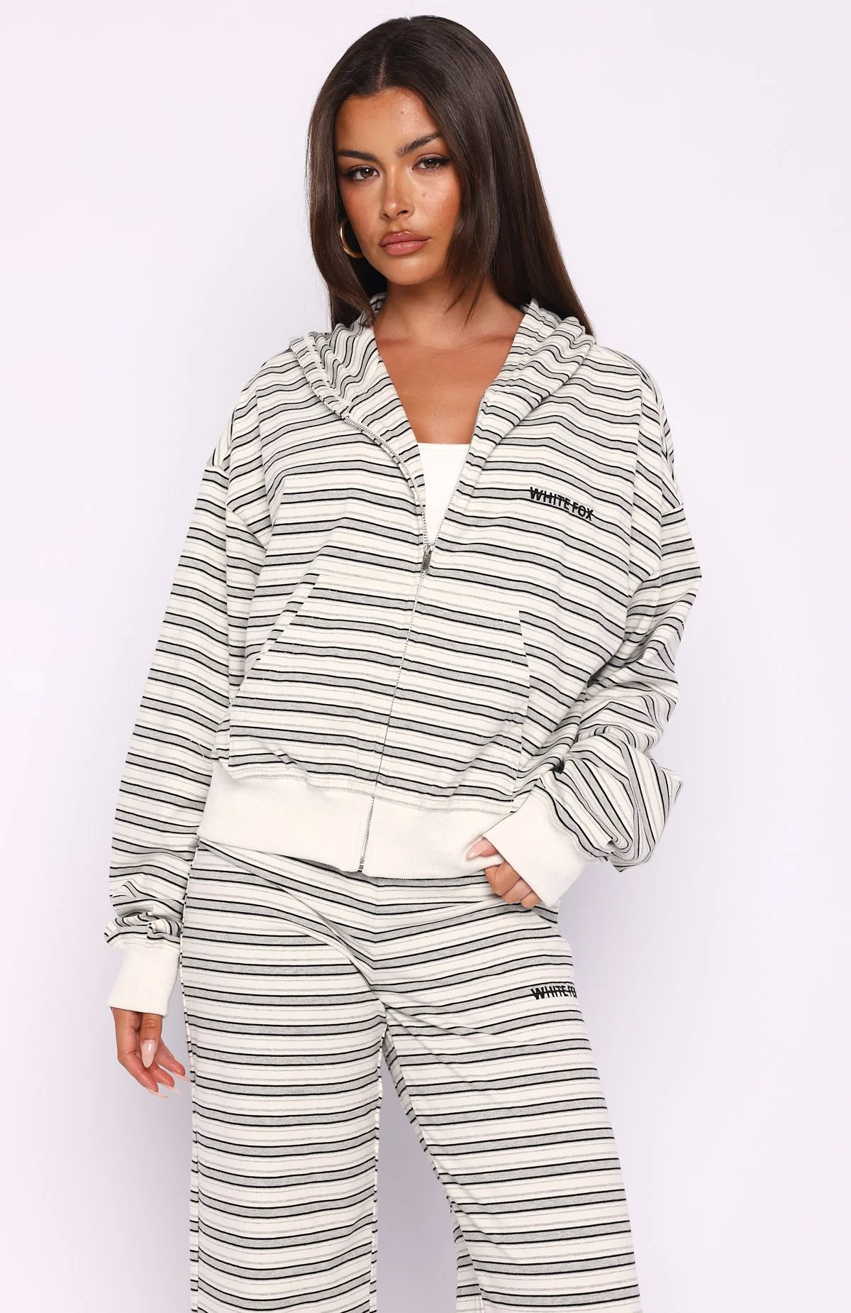 Looking Back Boxy Zip Front Hoodie White Stripe - Image 2