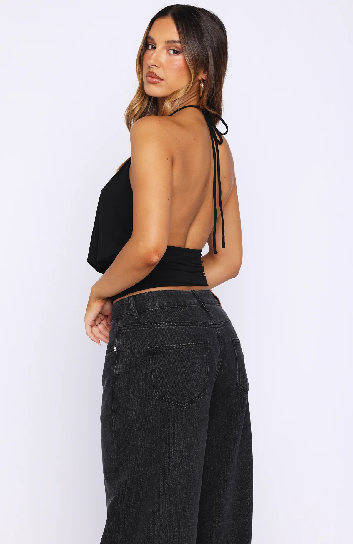 Love Everywhere Cinched Waist Halter Top Black - Image 4