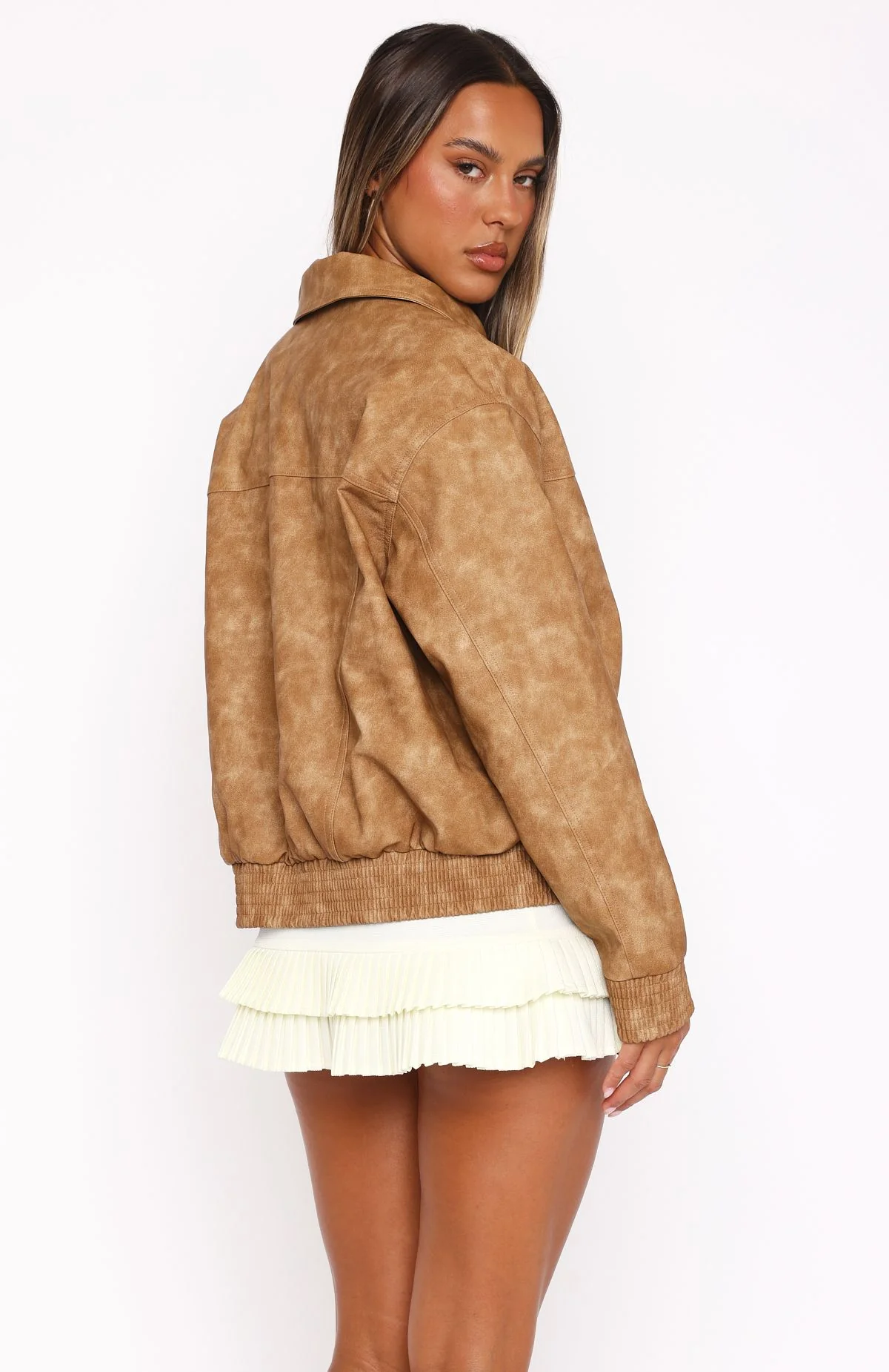 Make Things Right PU Bomber Jacket Tan - Image 4