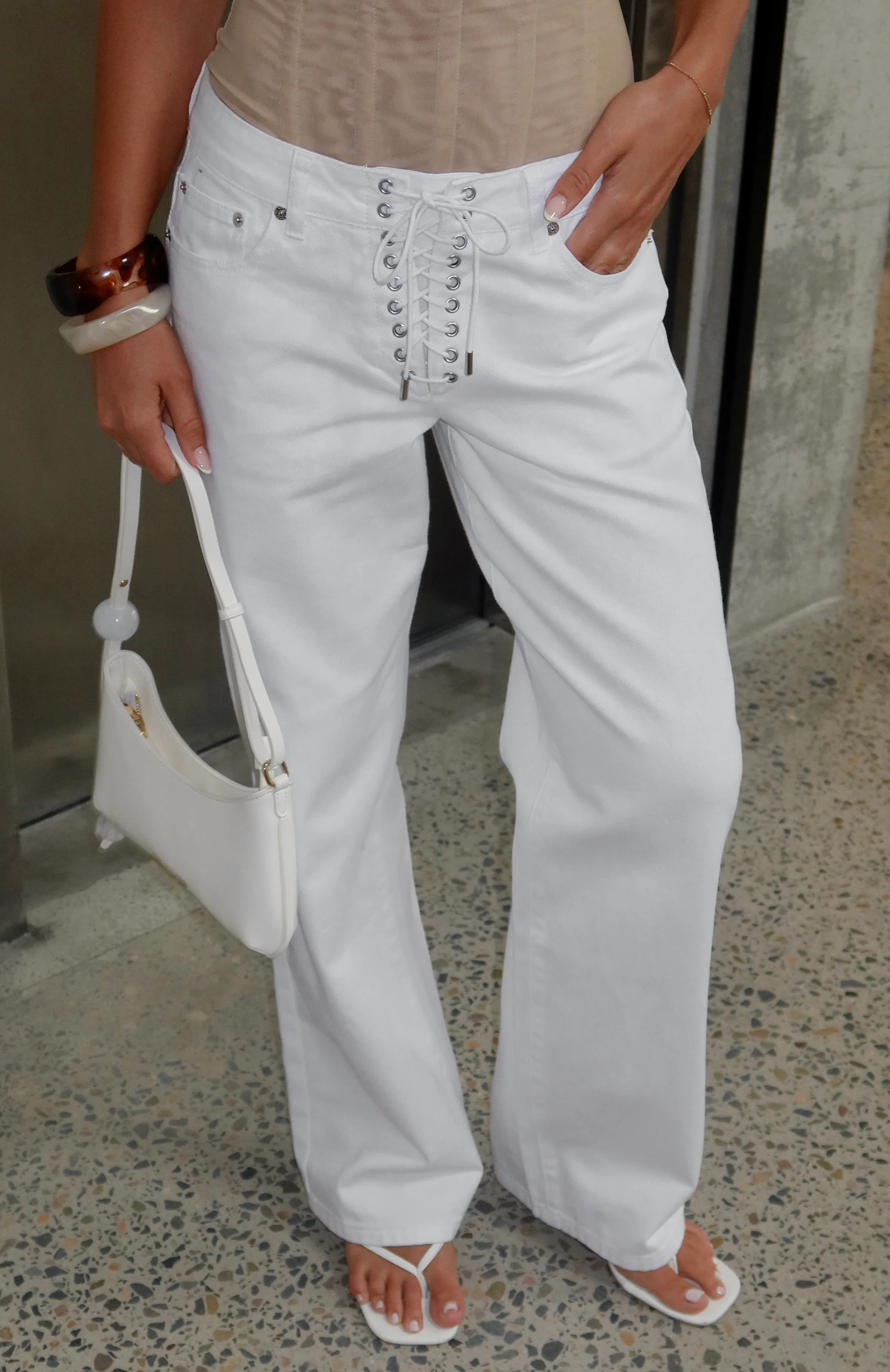 Making Appearances Mid Rise Lace Up Straight Leg Jeans White - Image 2